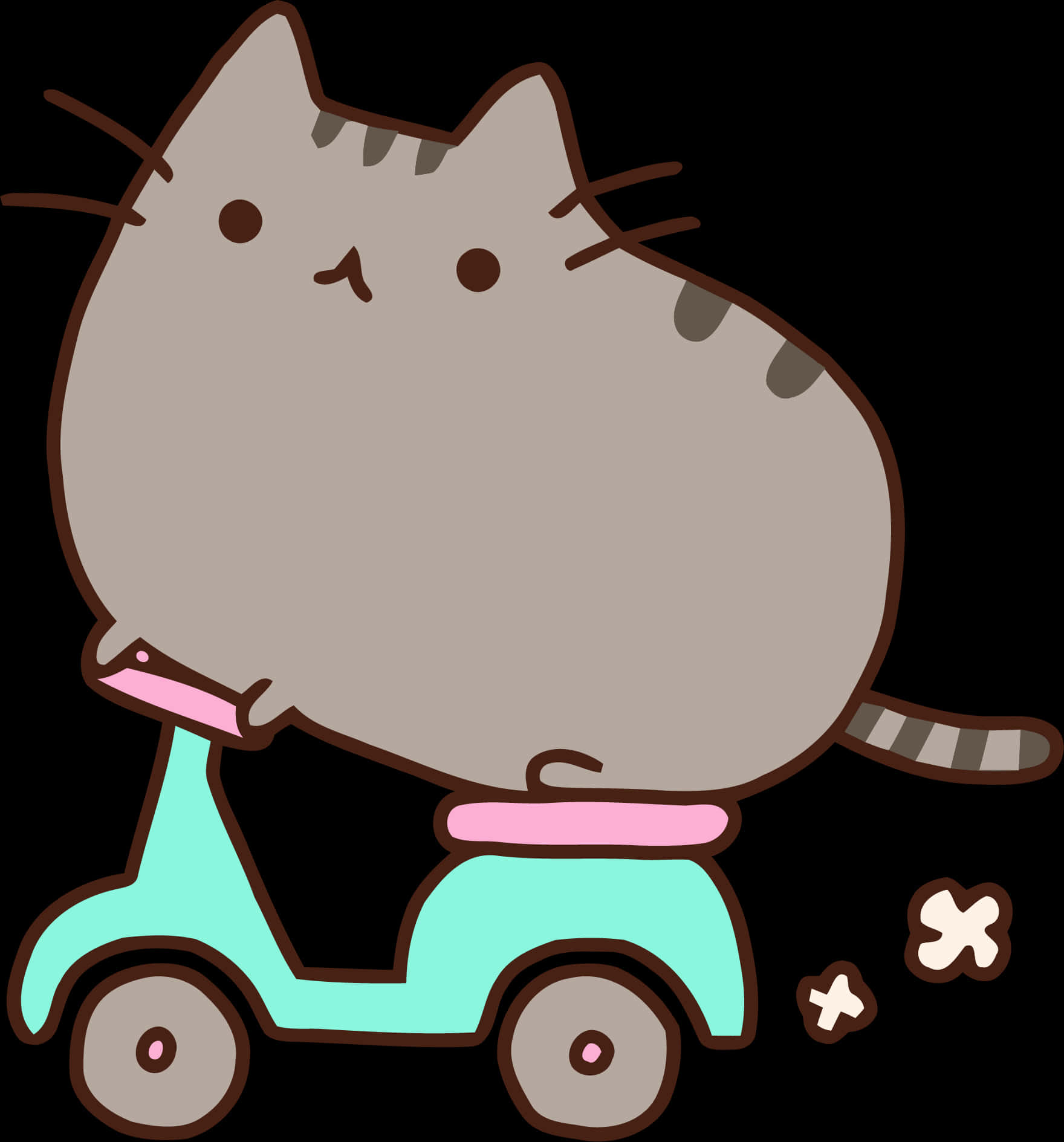 胖乎乎的灰色卡通貓咪騎著一輛帶有粉紅色座椅和把手的粉綠色滑板車。 — 可愛貓咪 壁紙