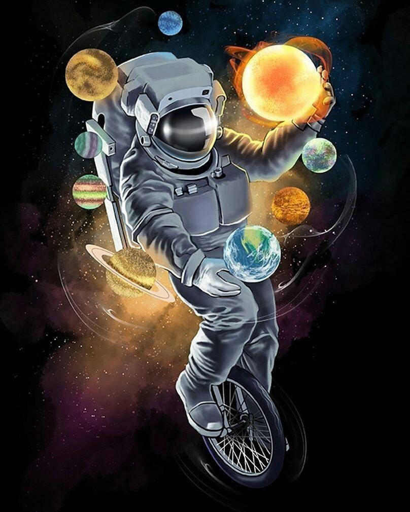 太空人踩獨輪車在太空中手持行星，背景有星星