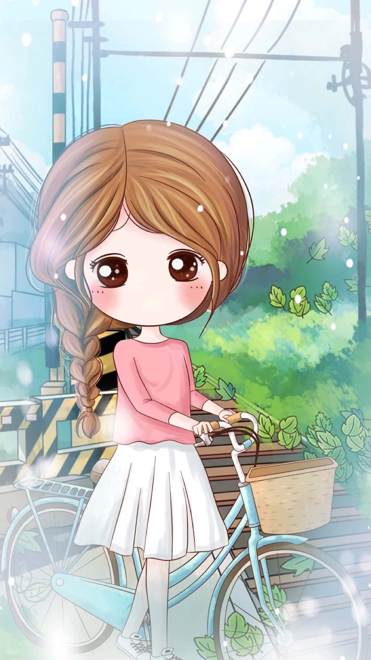 騎腳踏車的卡通少女 壁紙 — 一個可愛的辮子動漫女孩騎著淺藍色自行車穿過陽光明媚的城市公園，公園裡有綠色植物和電線。