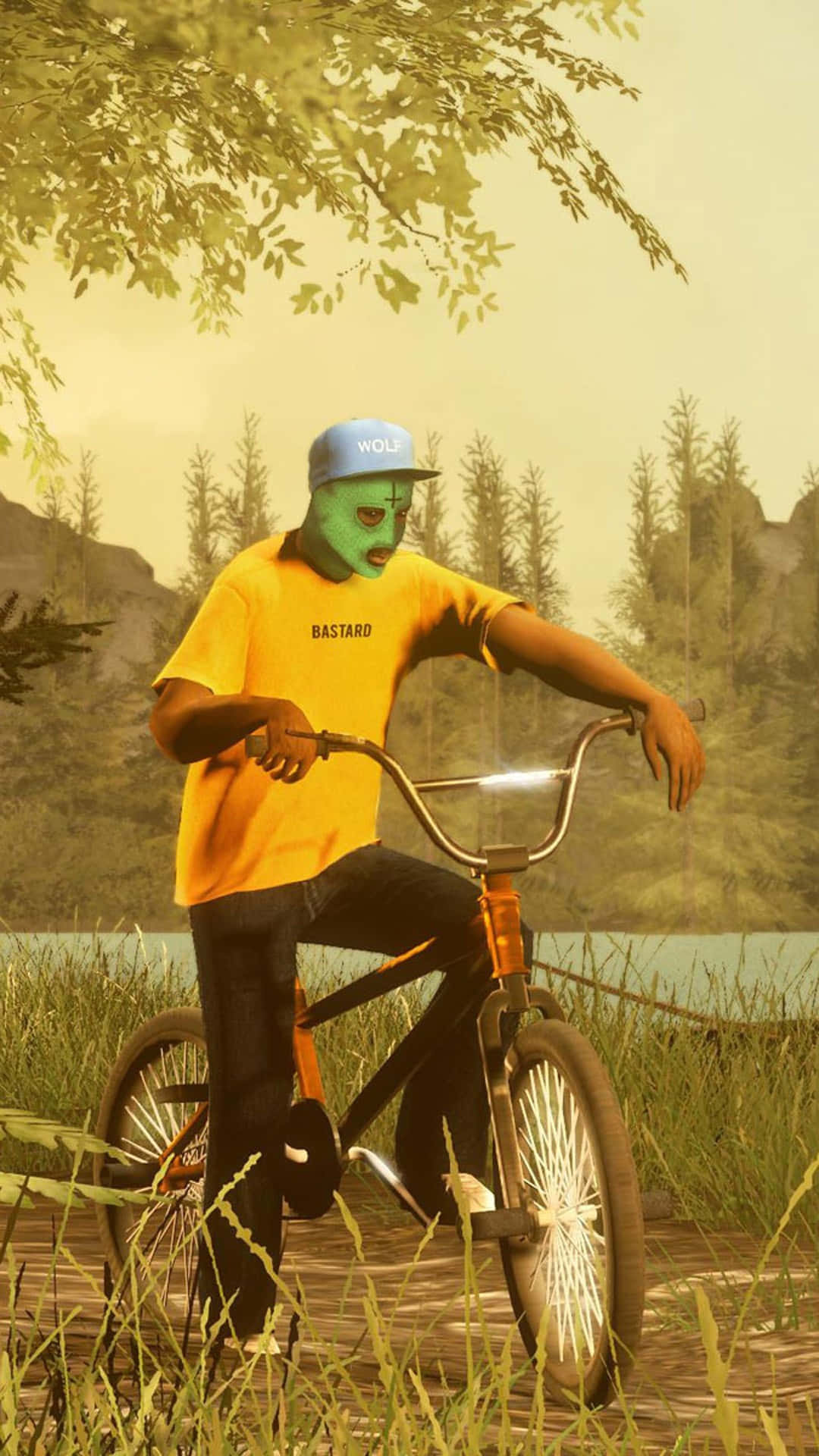 湖邊一個戴綠色口罩、穿黃色襯衫的人騎著BMX單車。