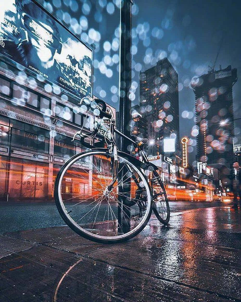 騎行中欣賞大自然之美 壁紙 — 一輛單車靠在柱子上，夜晚的街道被雨水打濕，發光的散景燈光和霓虹招牌在濕漉漉的路面上反射。