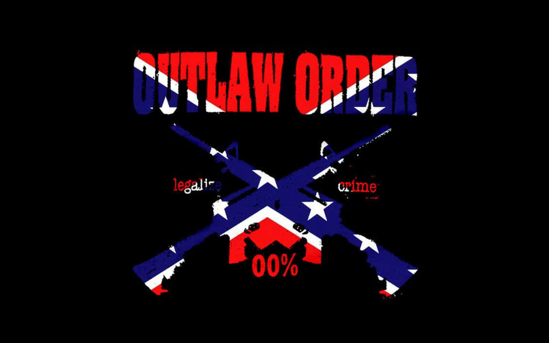 圖形設計，包含交叉步槍和文字 outlaw order 及 00%