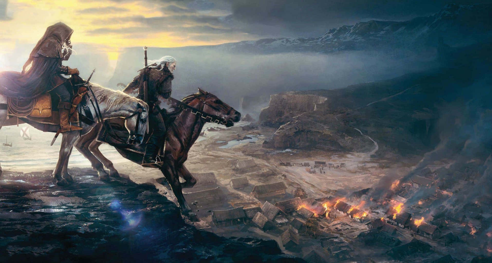 兩名身穿盔甲的騎兵騎馬疾馳過懸崖，夕陽下村莊在下方燃燒。 — 狩獵 GIF 壁紙