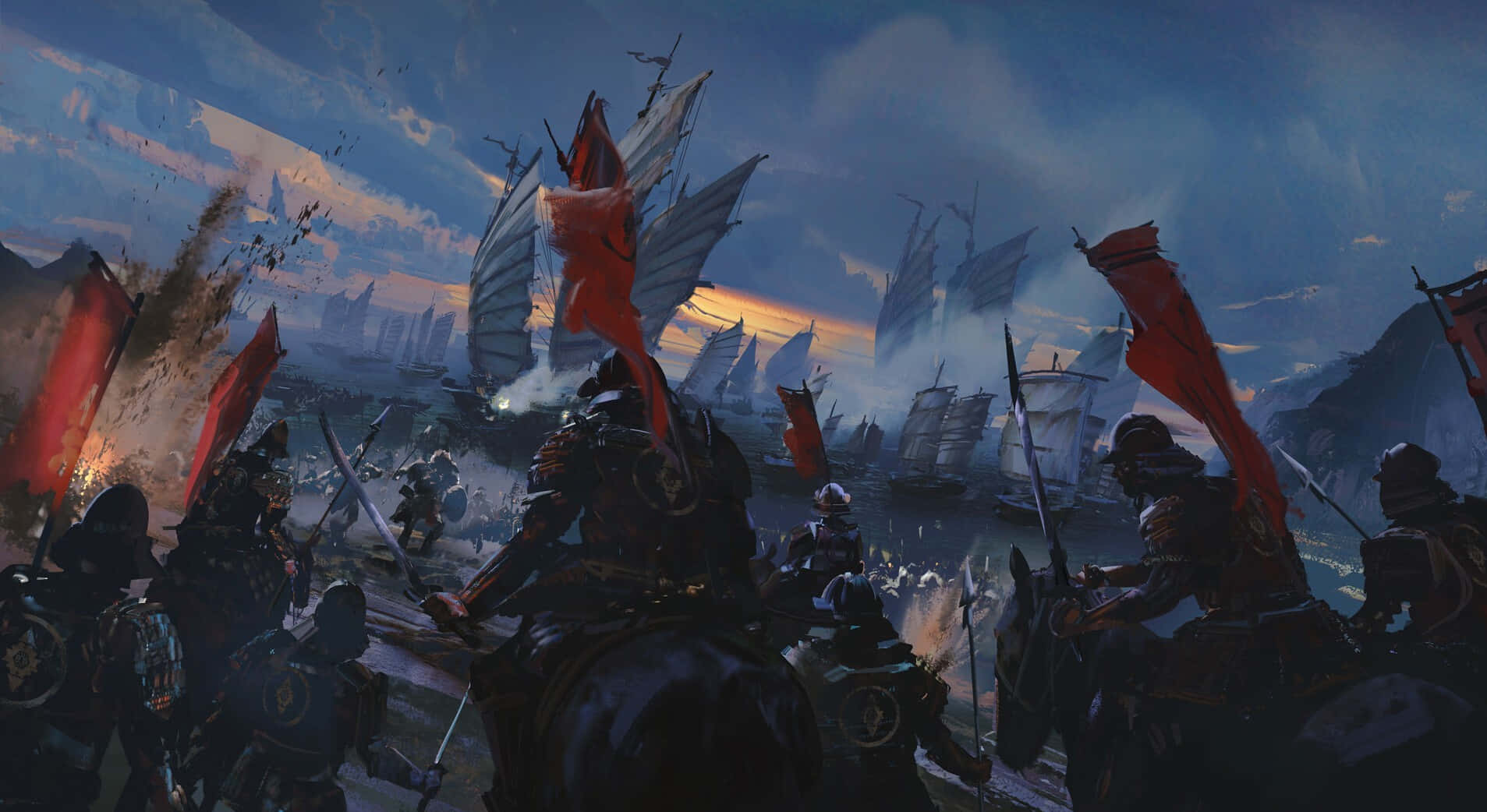 對馬戰鬼 桌布 壁紙 — 騎馬的武士戰士們揮舞紅旗交戰，戰艦在黃昏的海上於暴風雨的天空下戰鬥。