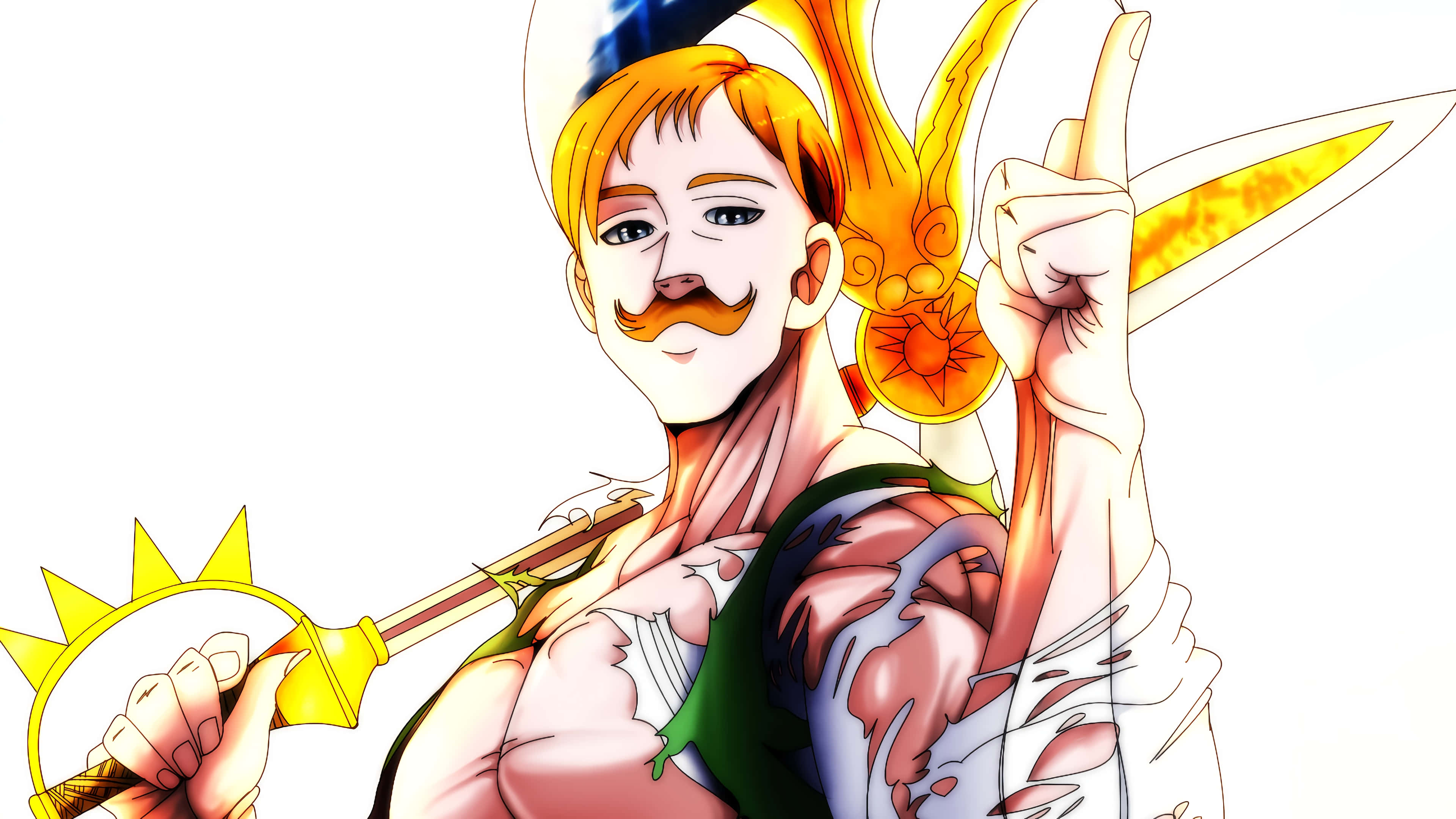 「驅逐宿敵」 壁紙 — 一個肌肉發達、留鬍子的動漫男子，在純白背景前揮舞著金色劍和太陽形狀的武器。