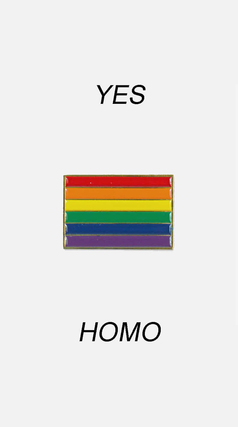 彩虹驕傲旗幟別針，上方為YES，下方為HOMO。