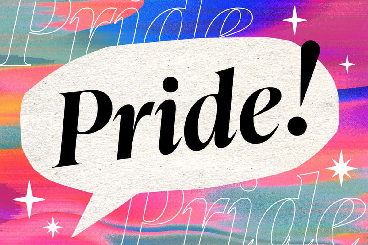 一個色彩繽紛的圖形，對話框中帶有單詞 Pride，周圍環繞著星星。