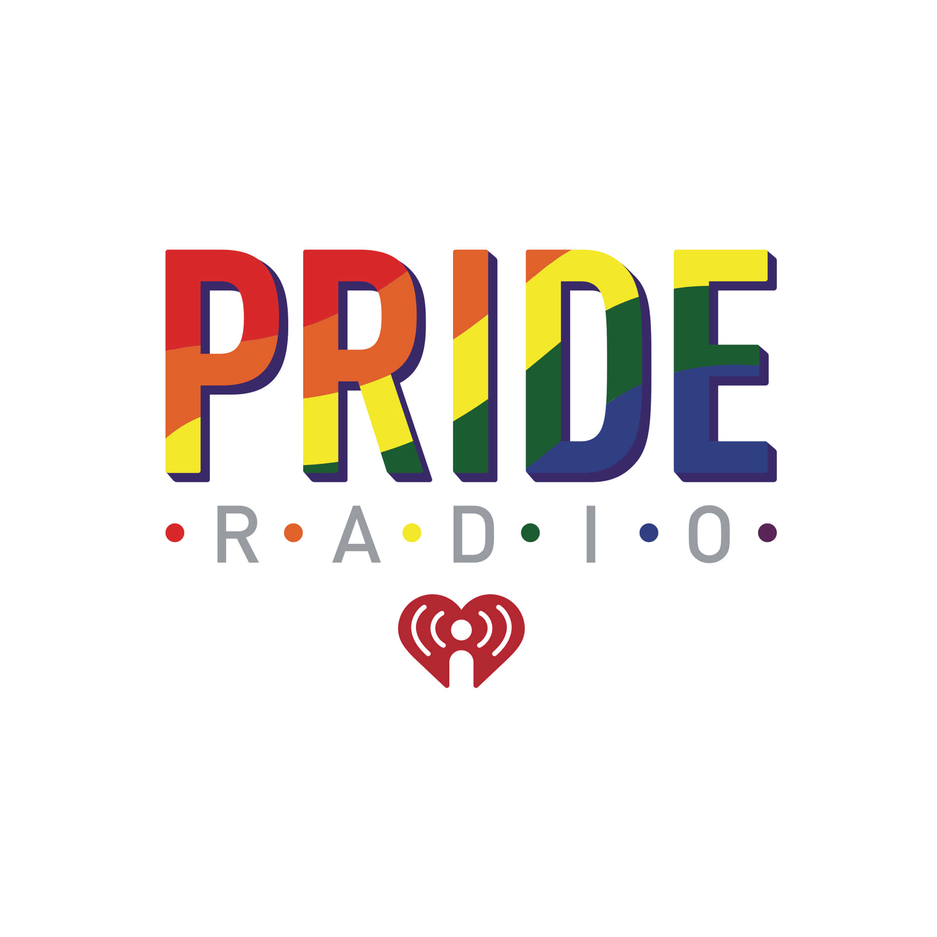帶有彩虹色字母和iHeartRadio心形符號的Pride Radio標誌。