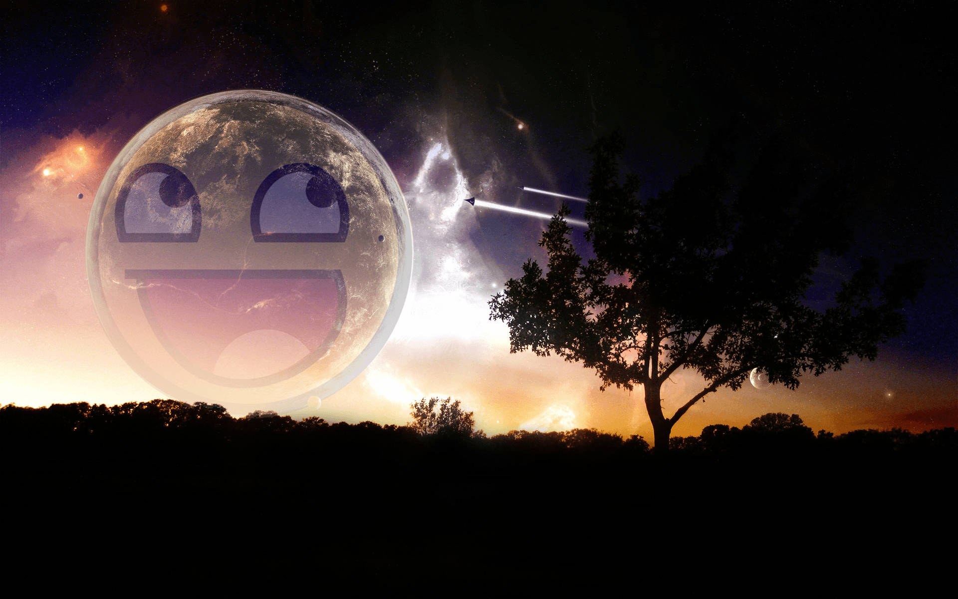一個微笑的表情符號星球漂浮在日落時分的樹木之上，伴有星星和流星。