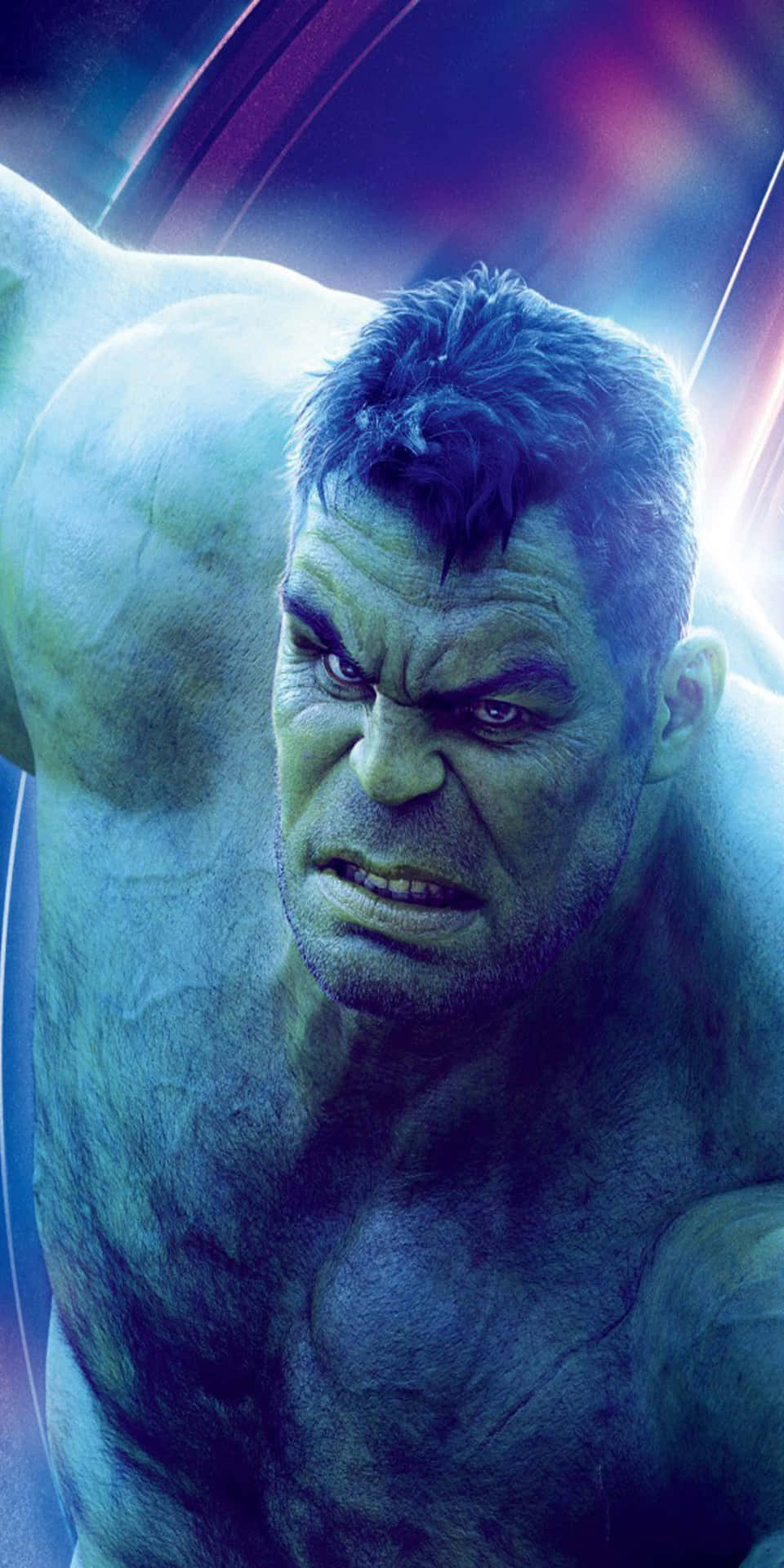 變形俠醫（Hulk）憤怒的表情，背景是宇宙背景，帶有發光的燈光條紋。