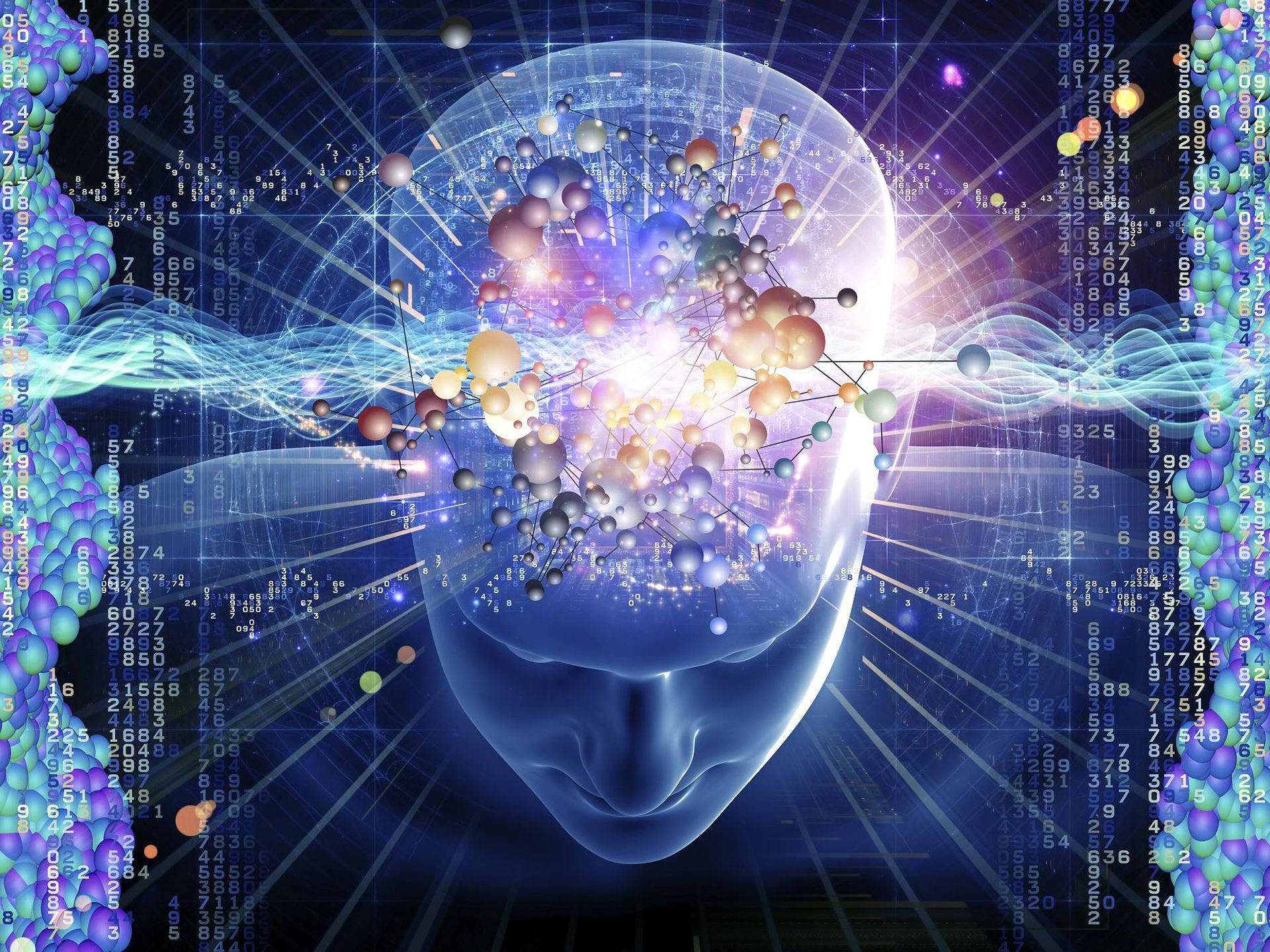 驚人的3D大腦皮質插圖 壁紙 — 一個發光的半透明人頭，充滿了色彩繽紛的分子結構和數位數據流，背景是繁星點點的宇宙。