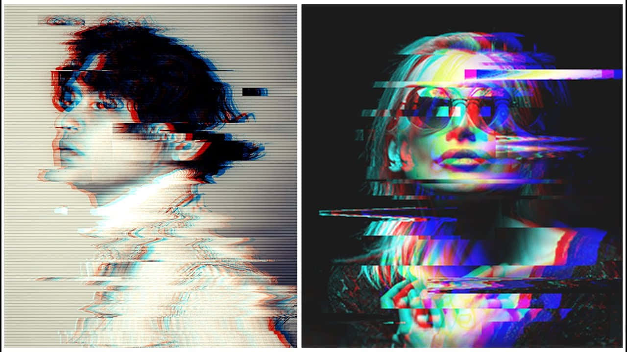 驚人的故障藝術 壁紙 — 兩幅故障藝術肖像，一男一女，帶有扭曲的數位效果和鮮豔的色彩邊緣。