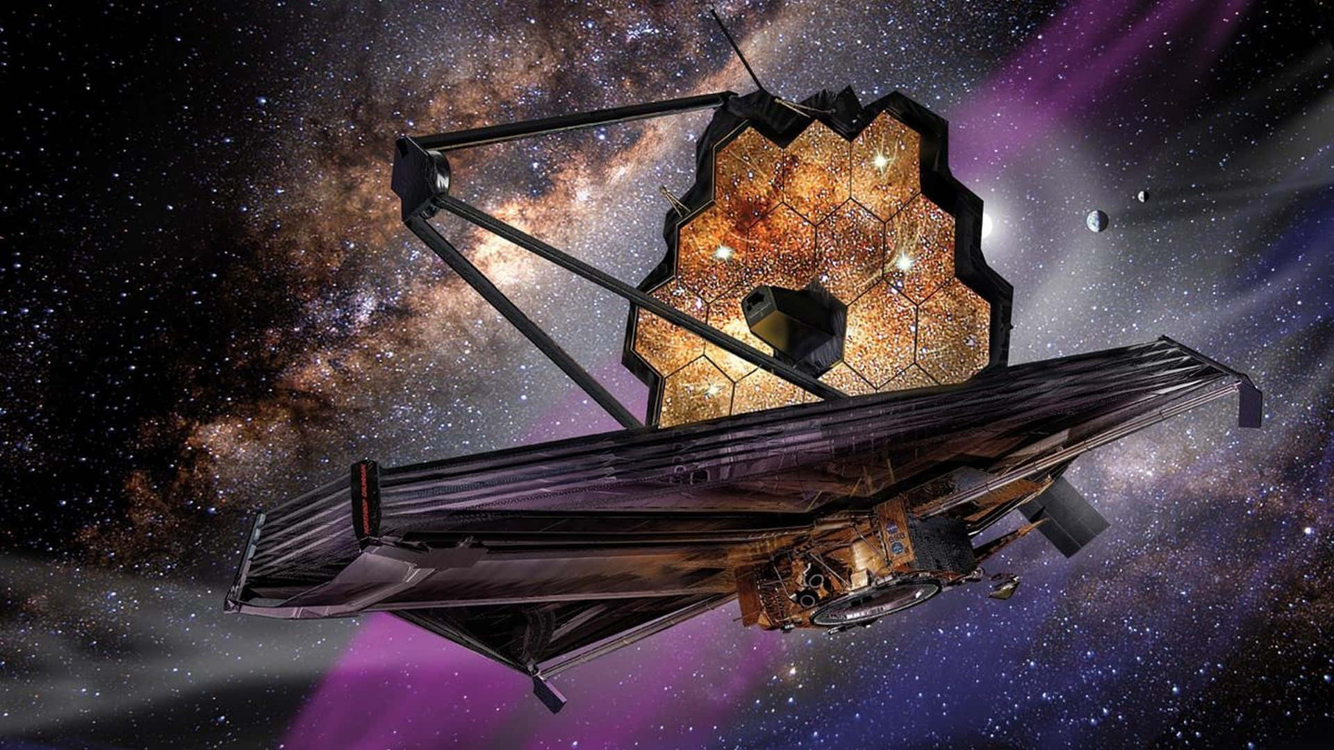 詹姆斯·韋伯太空望遠鏡在深空中，周圍是星星和色彩繽紛的星雲。
