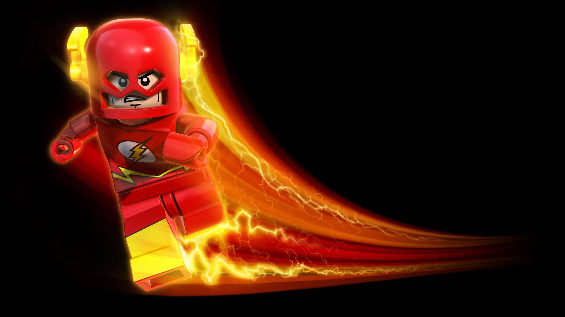 身穿紅色戰衣、帶有閃電痕跡的 LEGO Flash 超級英雄快速奔跑。