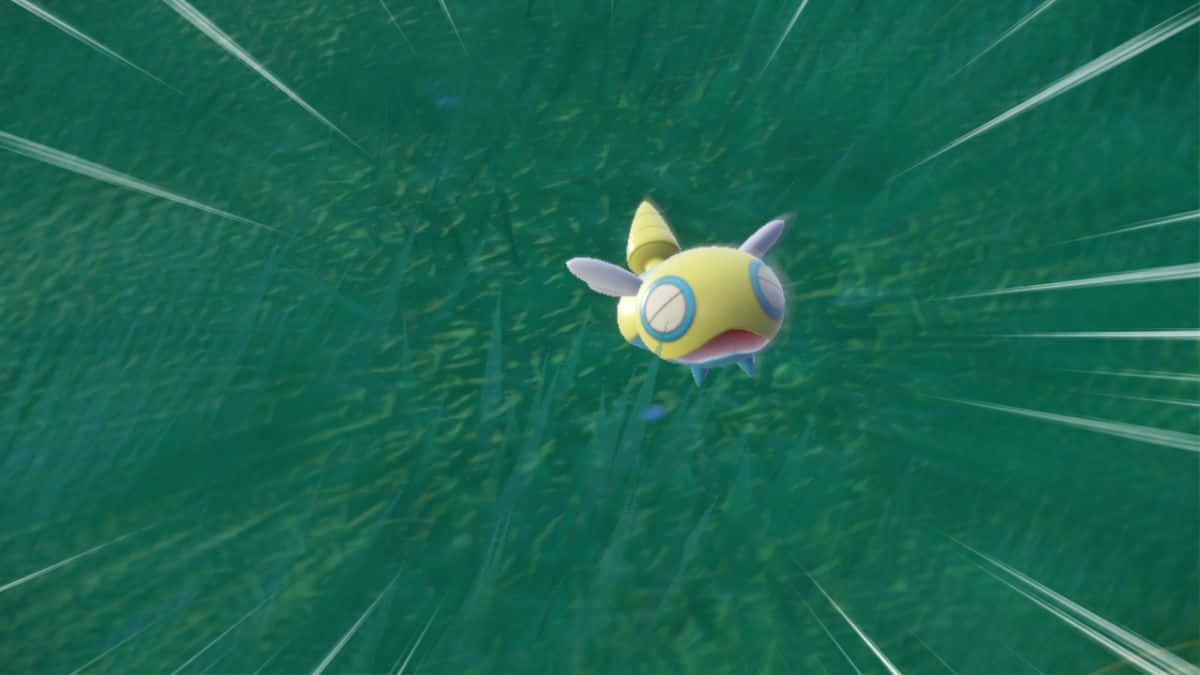驚喜 Dunsparce 遇見 壁紙 — 一隻黃色嘅寵物小精靈，藍色眼睛同紫色鰭，喺綠色草叢中疾馳，帶有動態模糊線條。