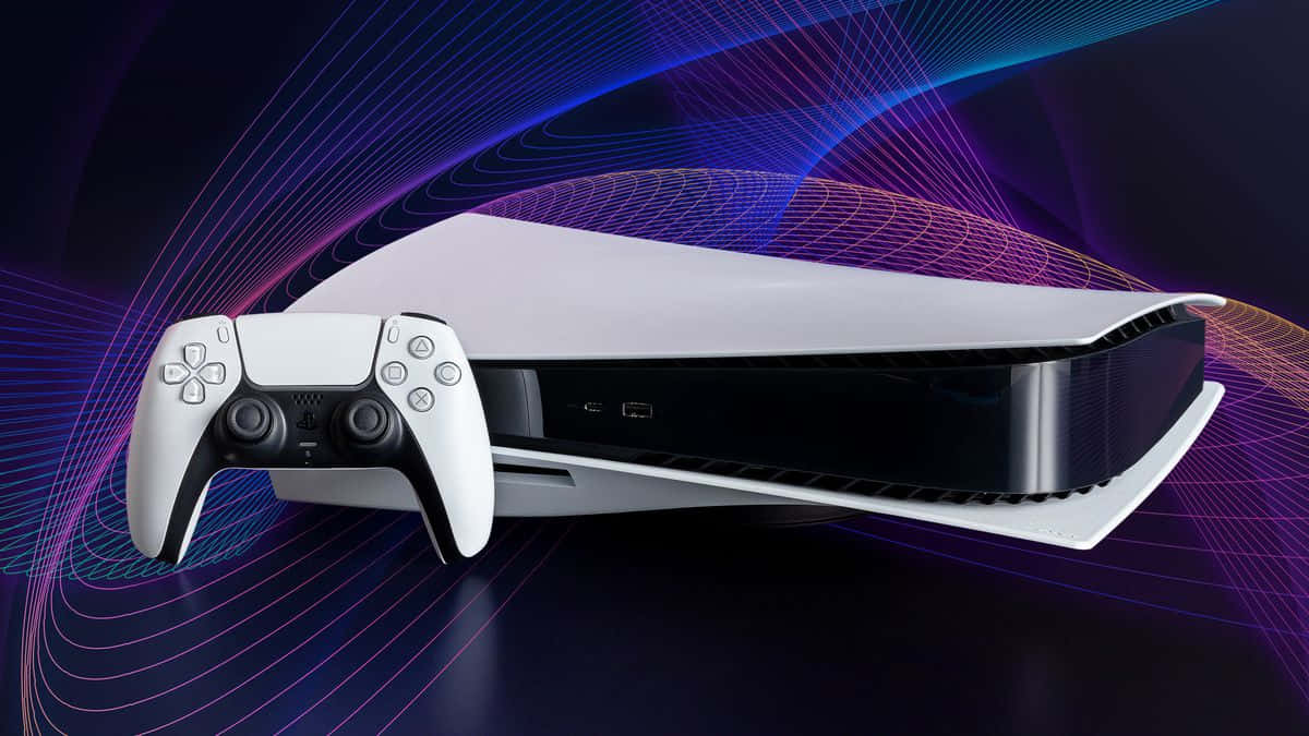 PlayStation 5主機和控制器，帶發光數位背景