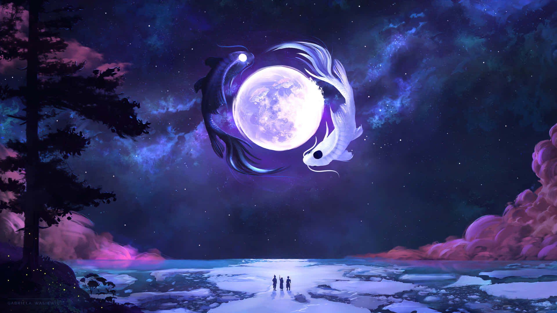 三個身影企喺冰上，望住兩條魚喺繁星點點嘅夜空圍住滿月轉。