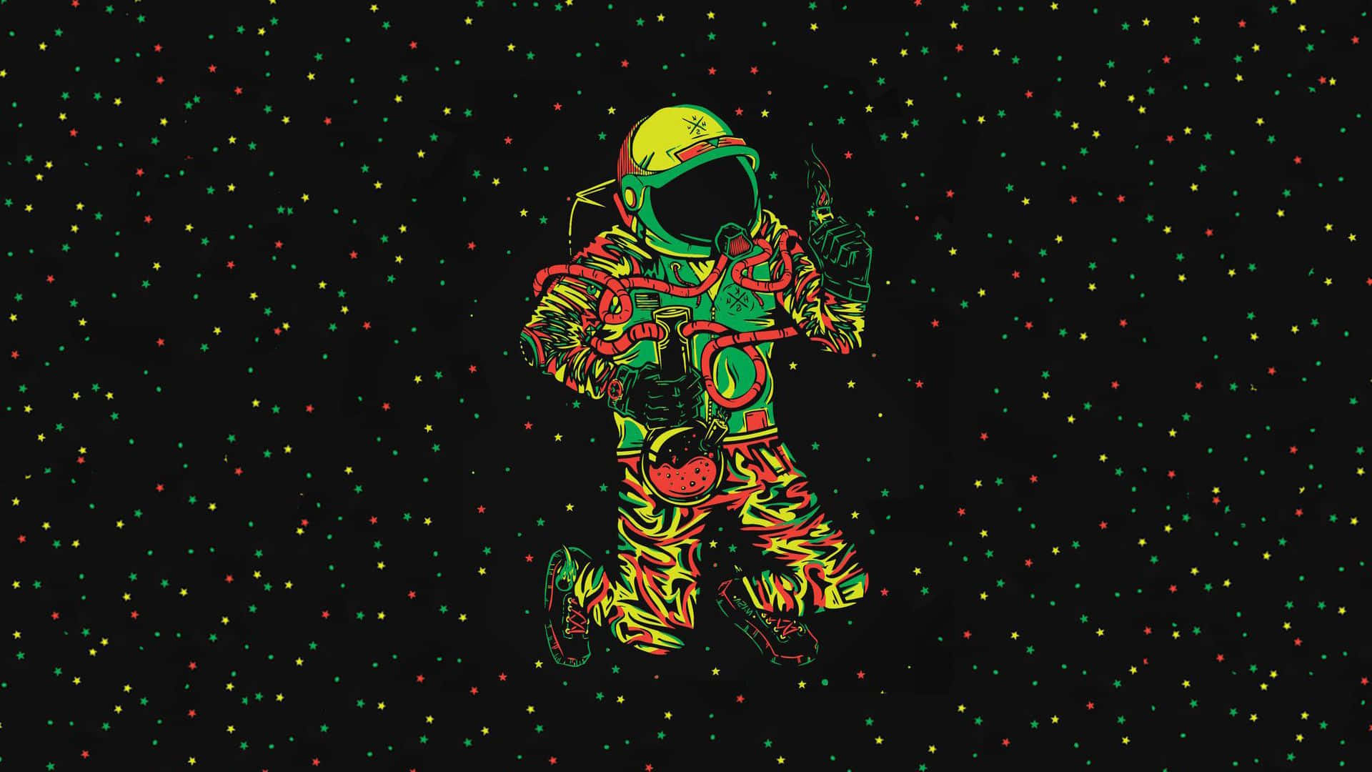 一位穿著迷幻太空衣跳舞的太空人，在太空中漂浮於色彩繽紛的星星之間。
