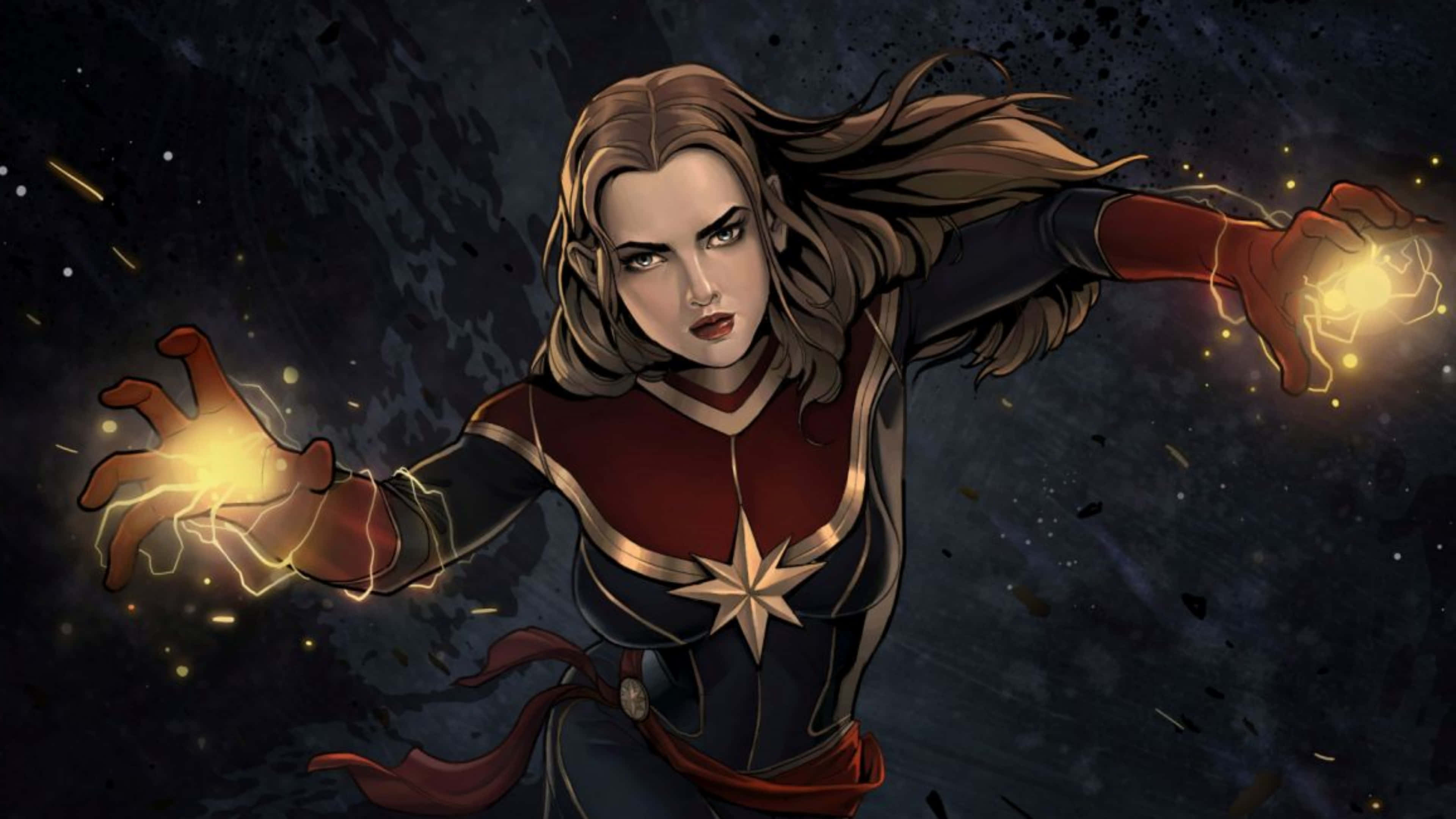 4K Marvel 壁紙 桌布 壁紙 — 驚奇隊長以動態姿勢從雙手引導發光能量，背景是宇宙。