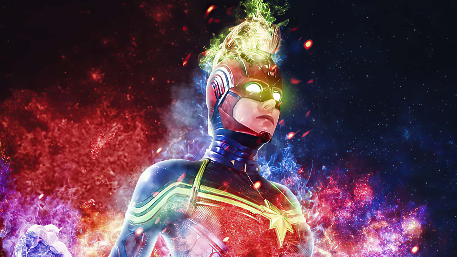 Captain Marvel HD 桌布 壁紙 — 驚奇隊長以英雄姿態站在宇宙星雲背景前，頭盔周圍有發光的能量噼啪作響。