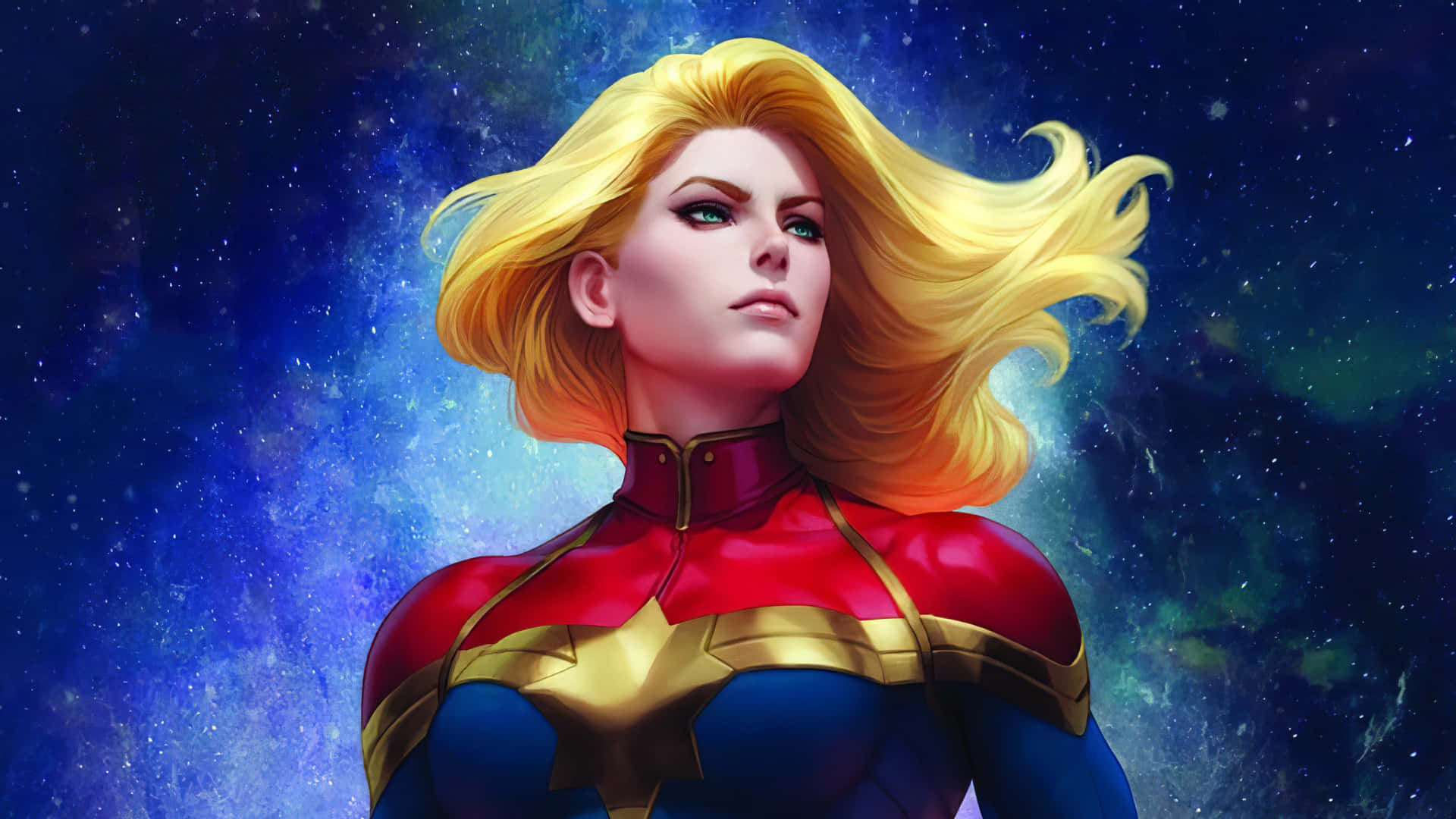 Captain Marvel HD 桌布 壁紙 — 驚奇隊長在充滿活力的宇宙背景下英勇站立，周圍是旋轉的星雲和閃爍的星星。