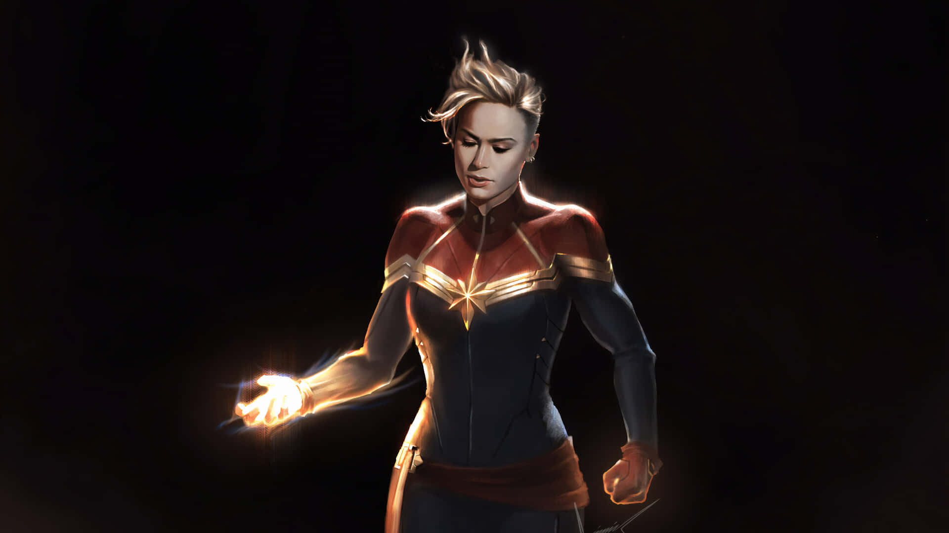Captain Marvel HD 桌布 壁紙 — 驚奇隊長在黑暗虛空中蓄勢待發，右手散發出耀眼能量，金色光芒照亮了她堅定的表情。