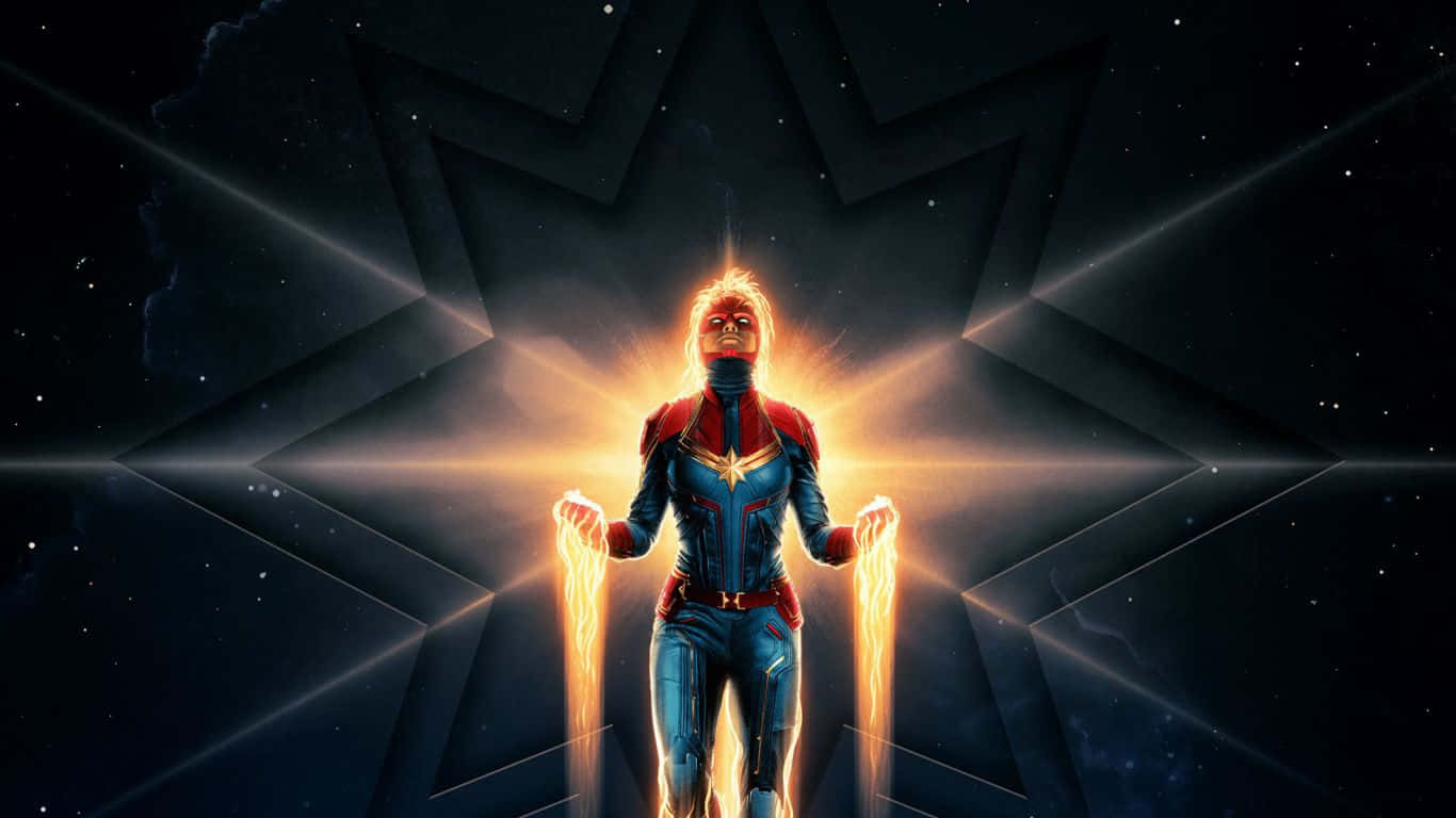 1366x768 marvel 桌布 壁紙 — 驚奇隊長站立著散發金色能量，背景是星光閃爍的宇宙，由一個發光的幾何星形框住。