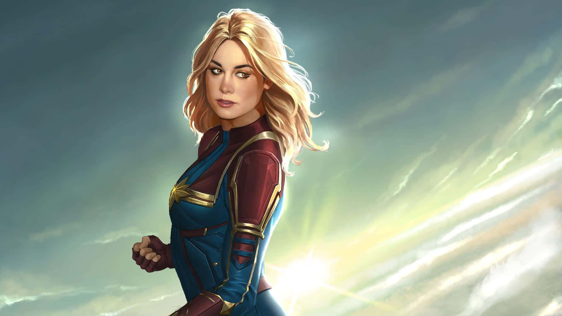 Captain Marvel HD 桌布 壁紙 — 驚奇隊長自信地穿著她的藍色和紅色戰衣，站在戲劇性的天空下，身後有燦爛的太陽光芒。