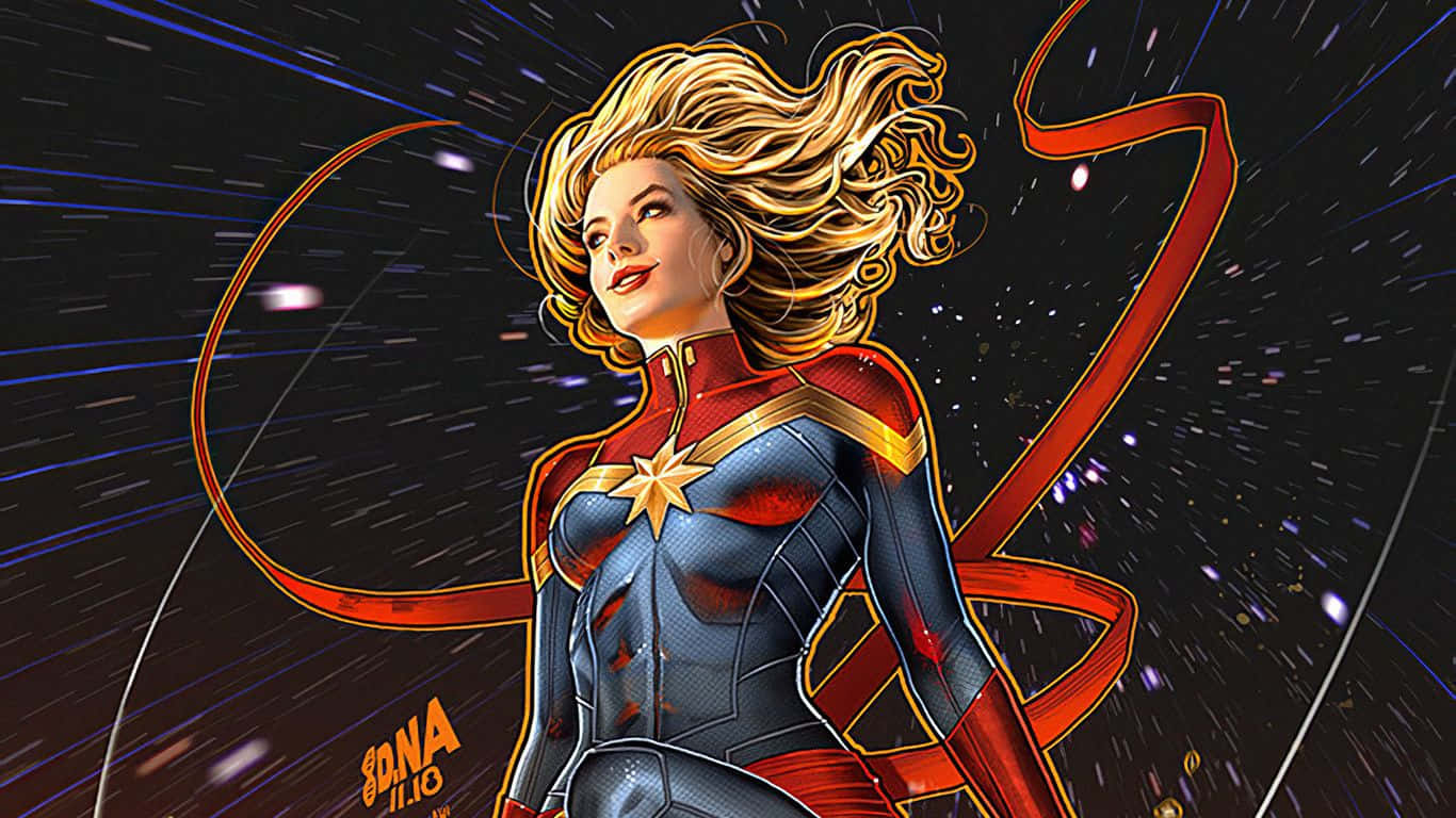 1366x768 marvel 桌布 壁紙 — 驚奇隊長自信地站在太空中，飄逸的金色頭髮和紅藍色服裝，背景是星空。