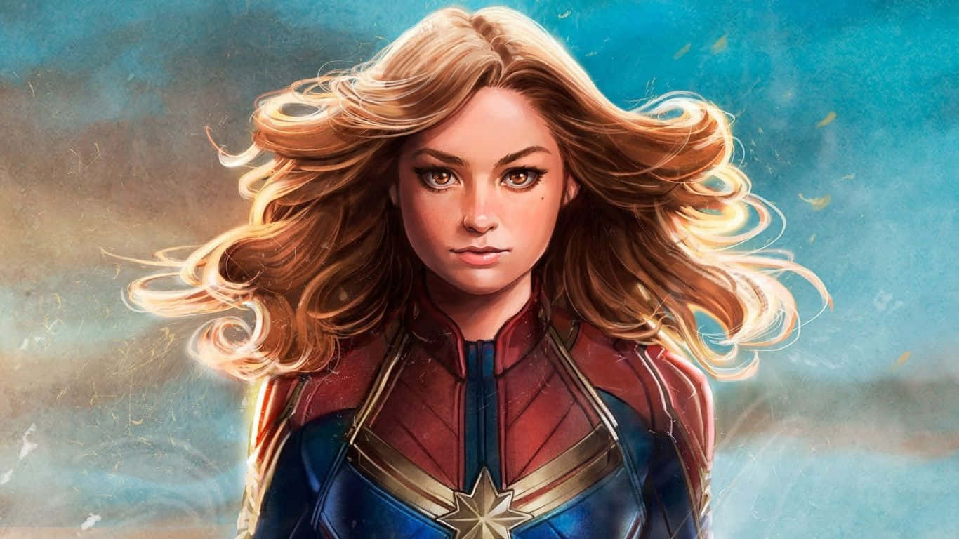 1366x768 Marvel 桌布 壁紙 — 驚奇隊長自信地站立，身穿標誌性的紅藍金戰衣，金色長髮飄逸，背景是動態的天空。