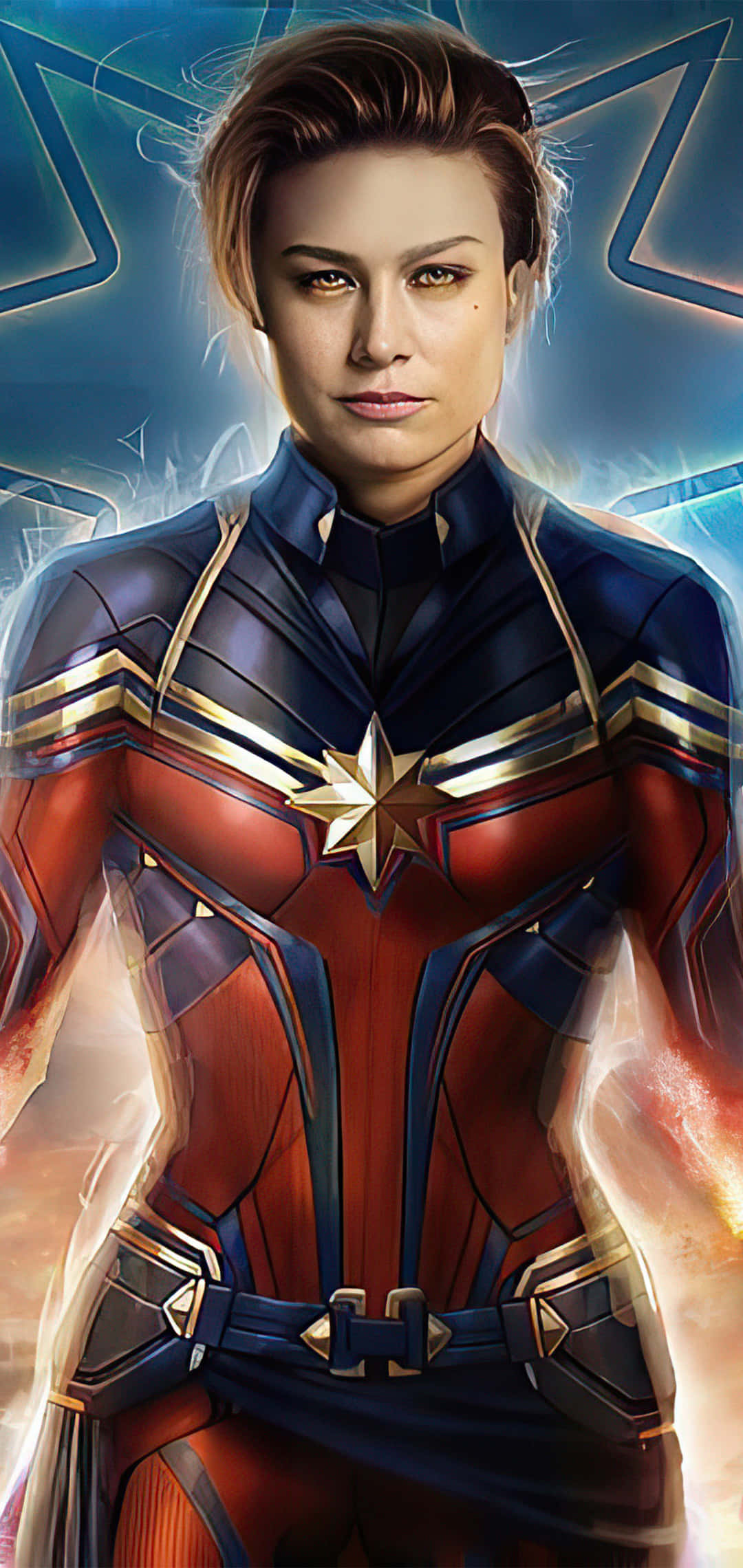 brie larson 桌布 壁紙 — 驚奇隊長自信地站立，身穿紅、藍、金色戰衣，背景是閃爍星爆的宇宙光芒。