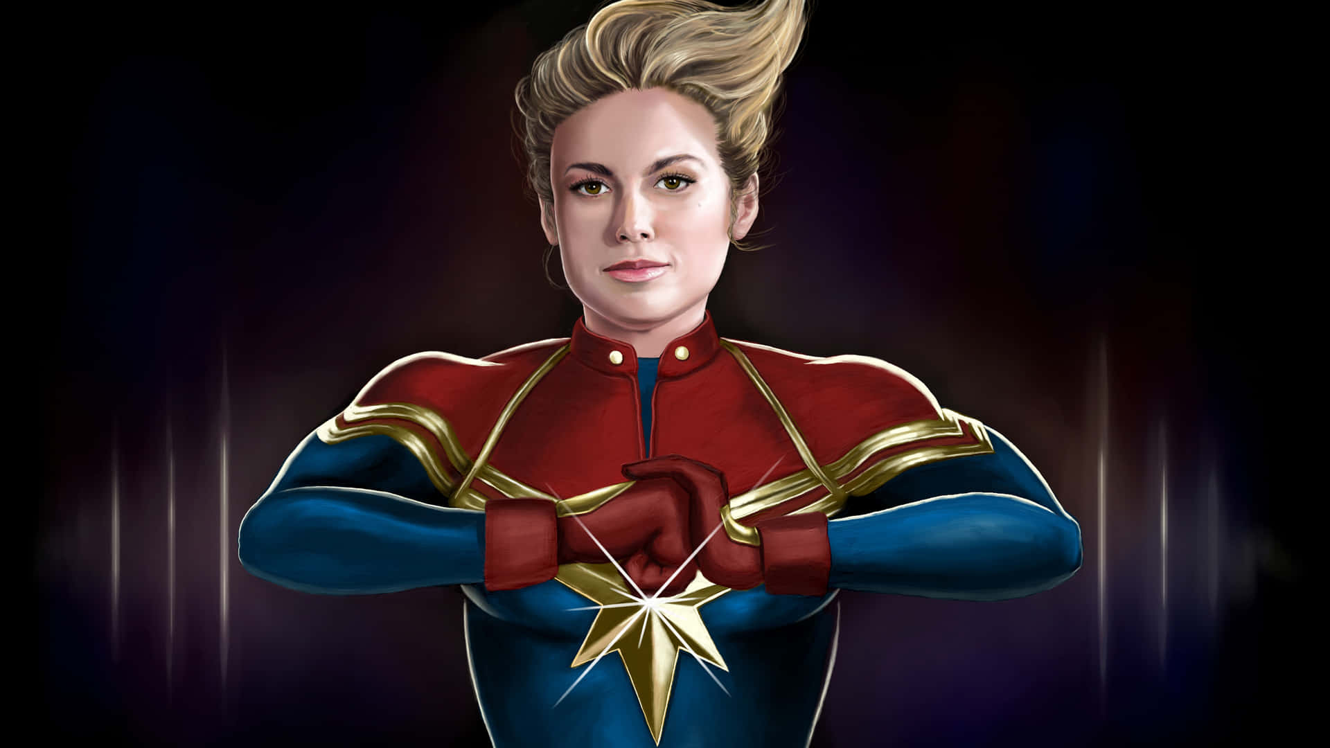Captain Marvel HD 桌布 壁紙 — 驚奇隊長自信地站立，身穿紅、藍、金色戰衣，雙手交疊於胸前，背景是黑暗發光的效果。