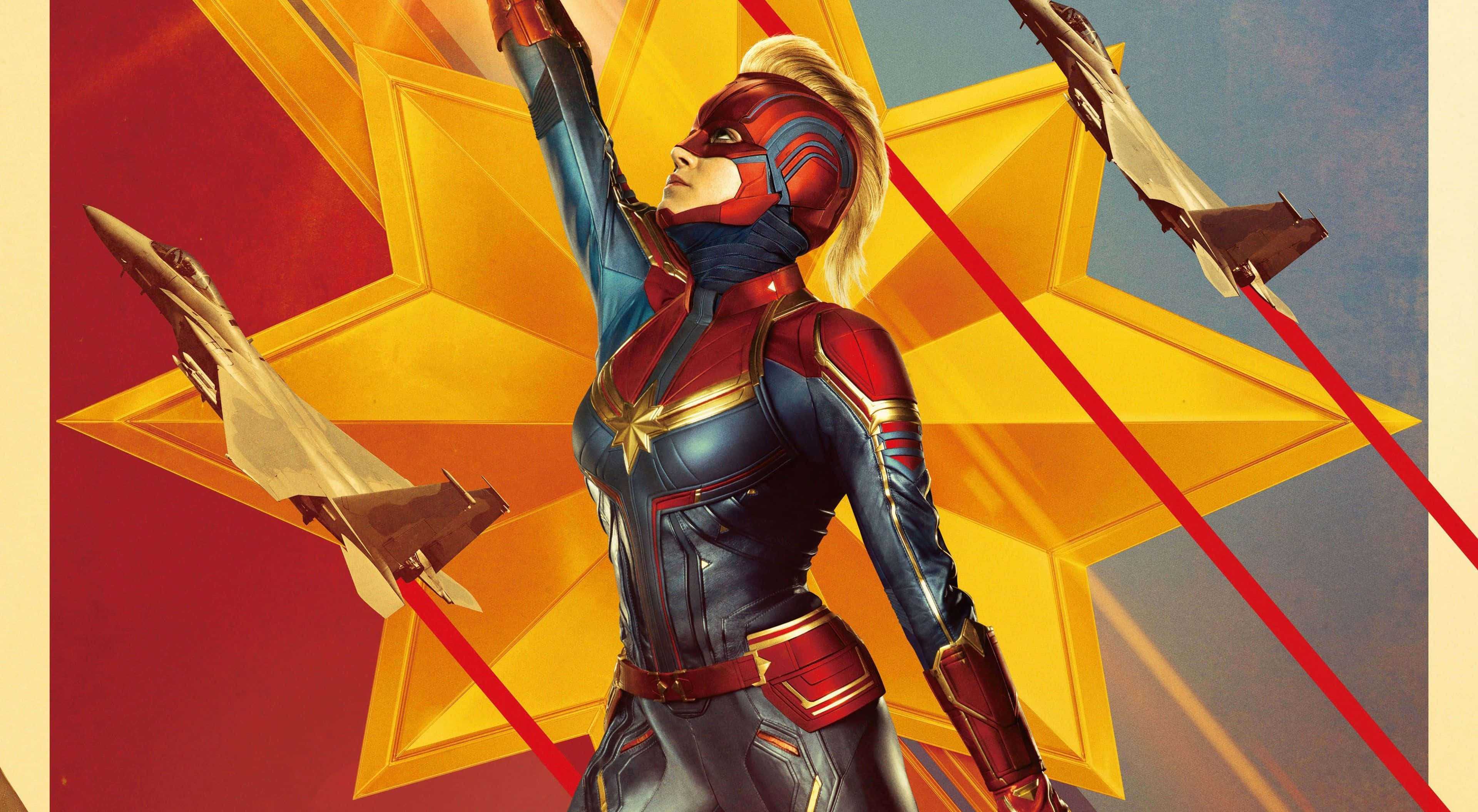 4K Marvel 壁紙 桌布 壁紙 — 驚奇隊長英雄式地高舉雙臂，背景是鮮明的黃色星星，戰鬥機拖著紅色尾跡呼嘯而過。