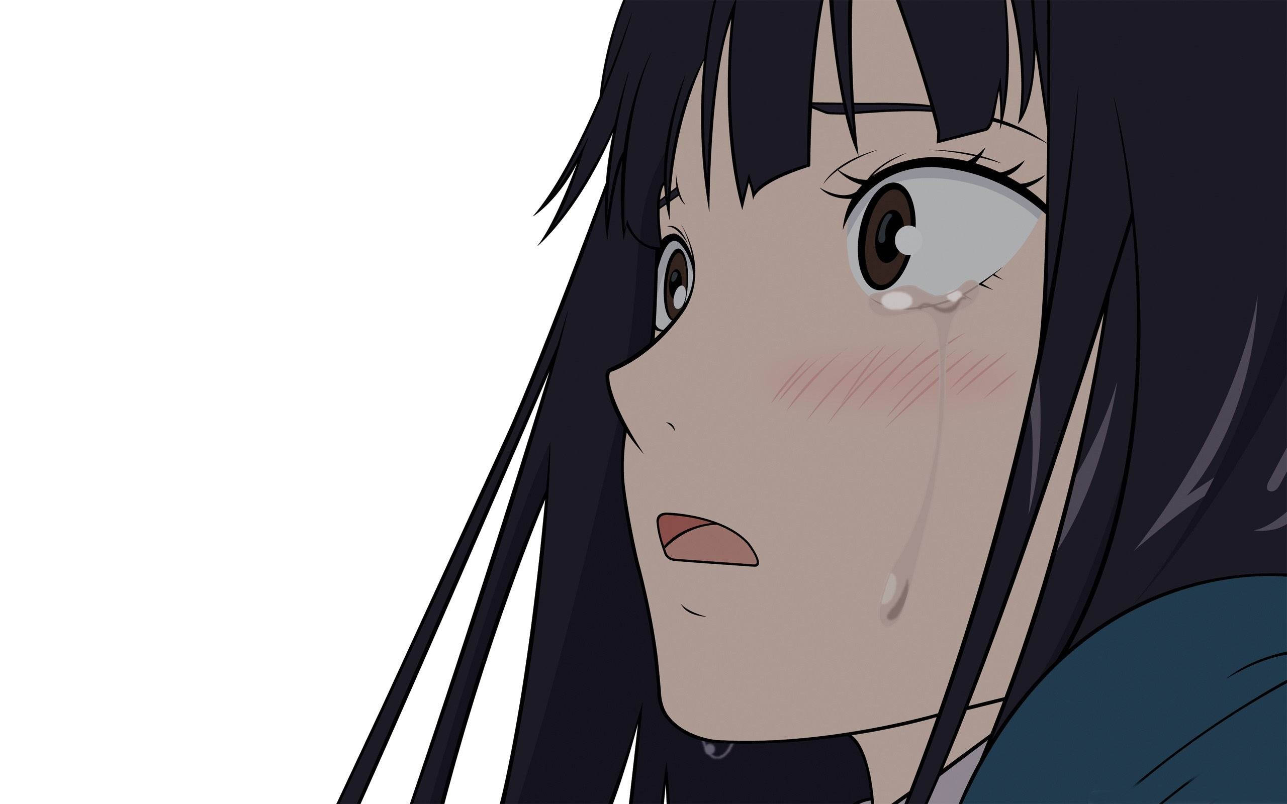 驚愕女孩悲傷畫作 壁紙 — 一個黑髮動漫少女的特寫，在純白背景下，她臉頰泛紅，流下一滴眼淚。