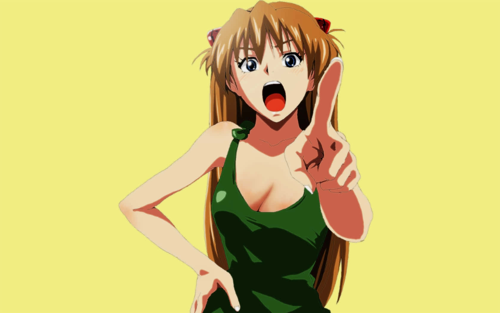 動漫女孩穿著綠色連衣裙喊叫並指著手指向前。