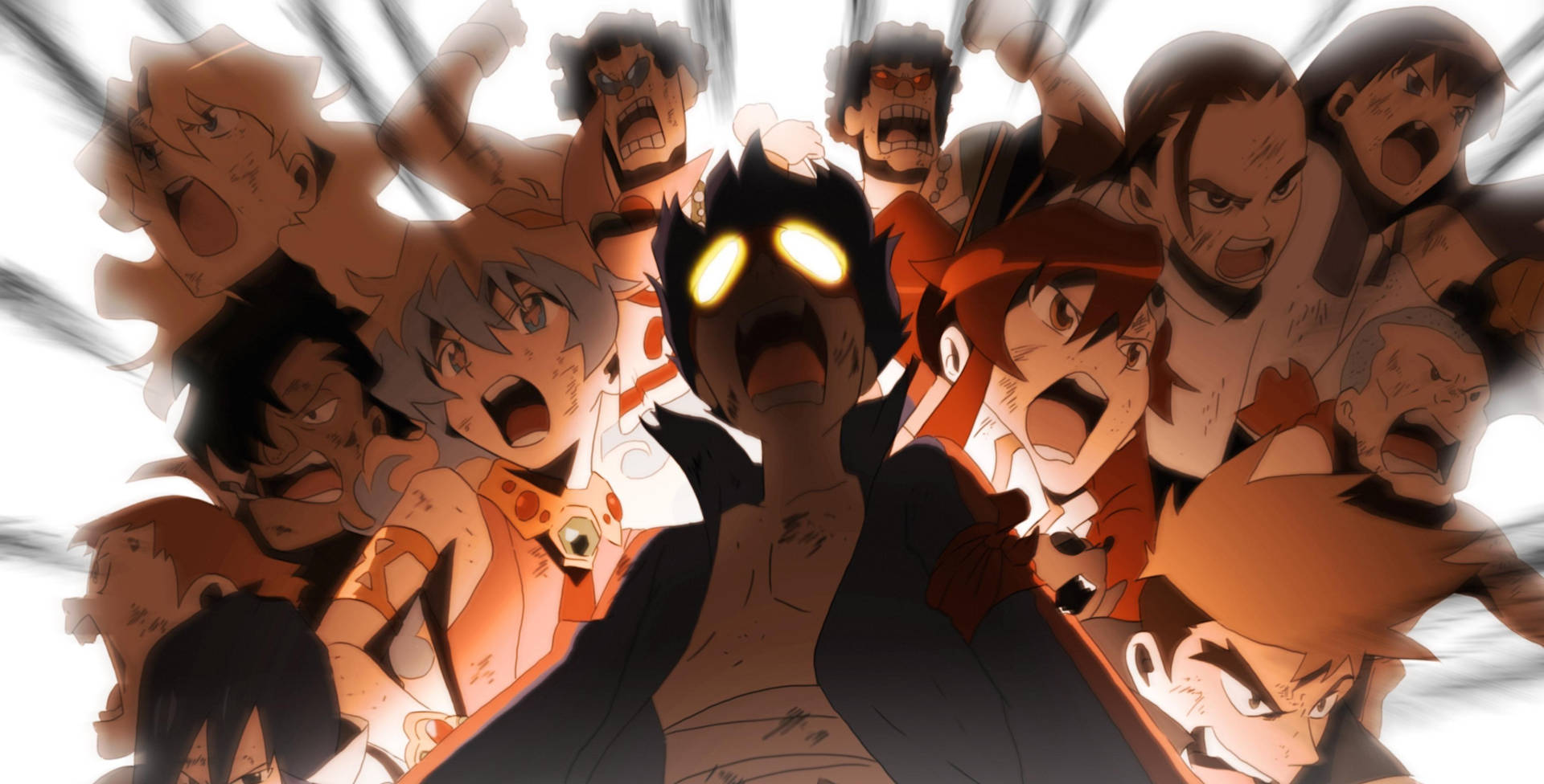 《驚爆危機》4K 十二位角色 壁紙 — 一個擁有發光黃色眼睛的動漫角色挑釁地咆哮，多個憤怒的面孔在動態的運動爆炸中圍繞著他們。