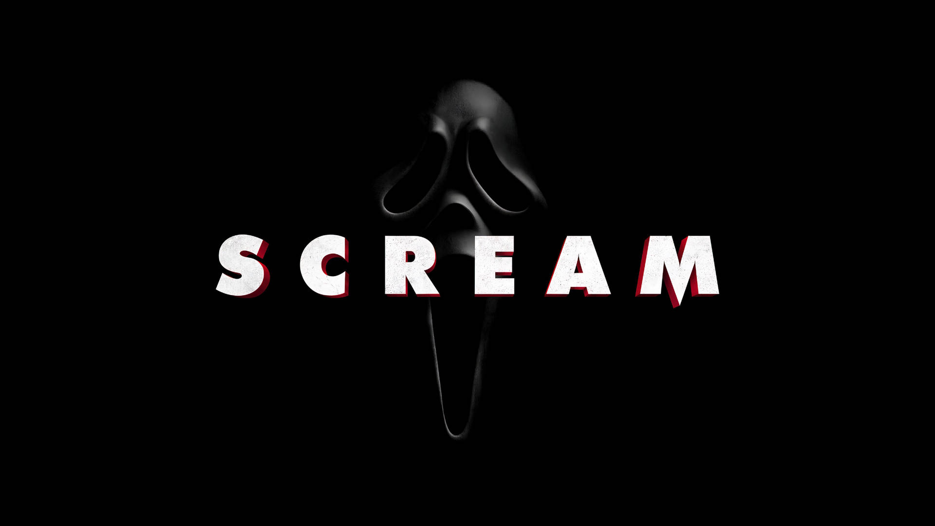 黑色背景上白色「SCREAM」後面的鬼面具，帶紅色陰影。