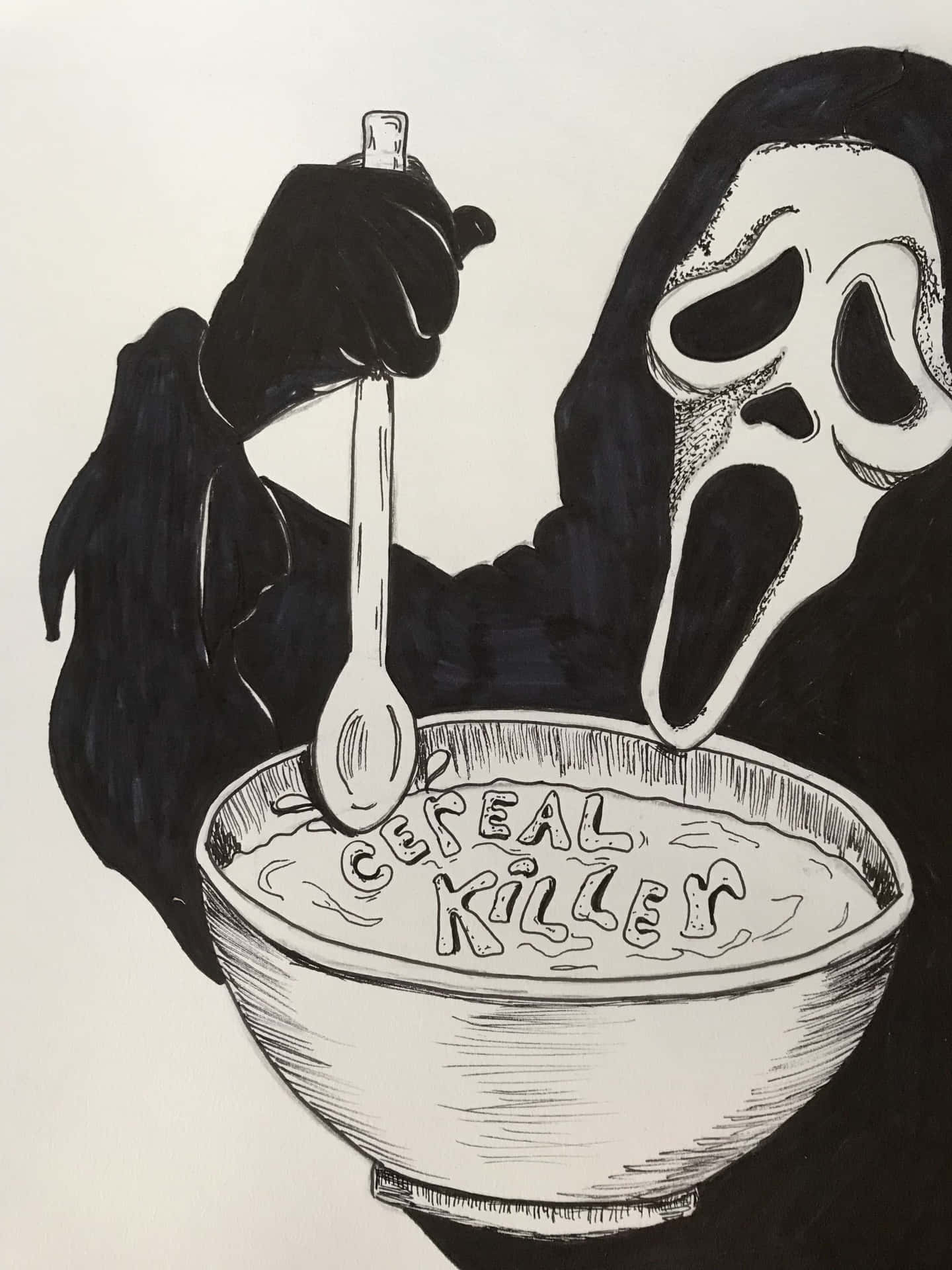 《奪命狂呼》中的鬼面人拿著湯匙放在一個標有 'Cereal Killer' 的麥片碗上方。