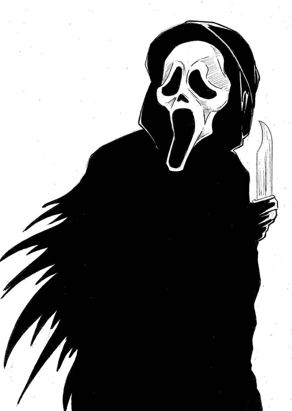 《驚聲尖叫》鬼臉鉛筆素描 壁紙 — 一個戴著尖叫面具、身穿連帽斗篷的人物手持刀具的黑白插圖。