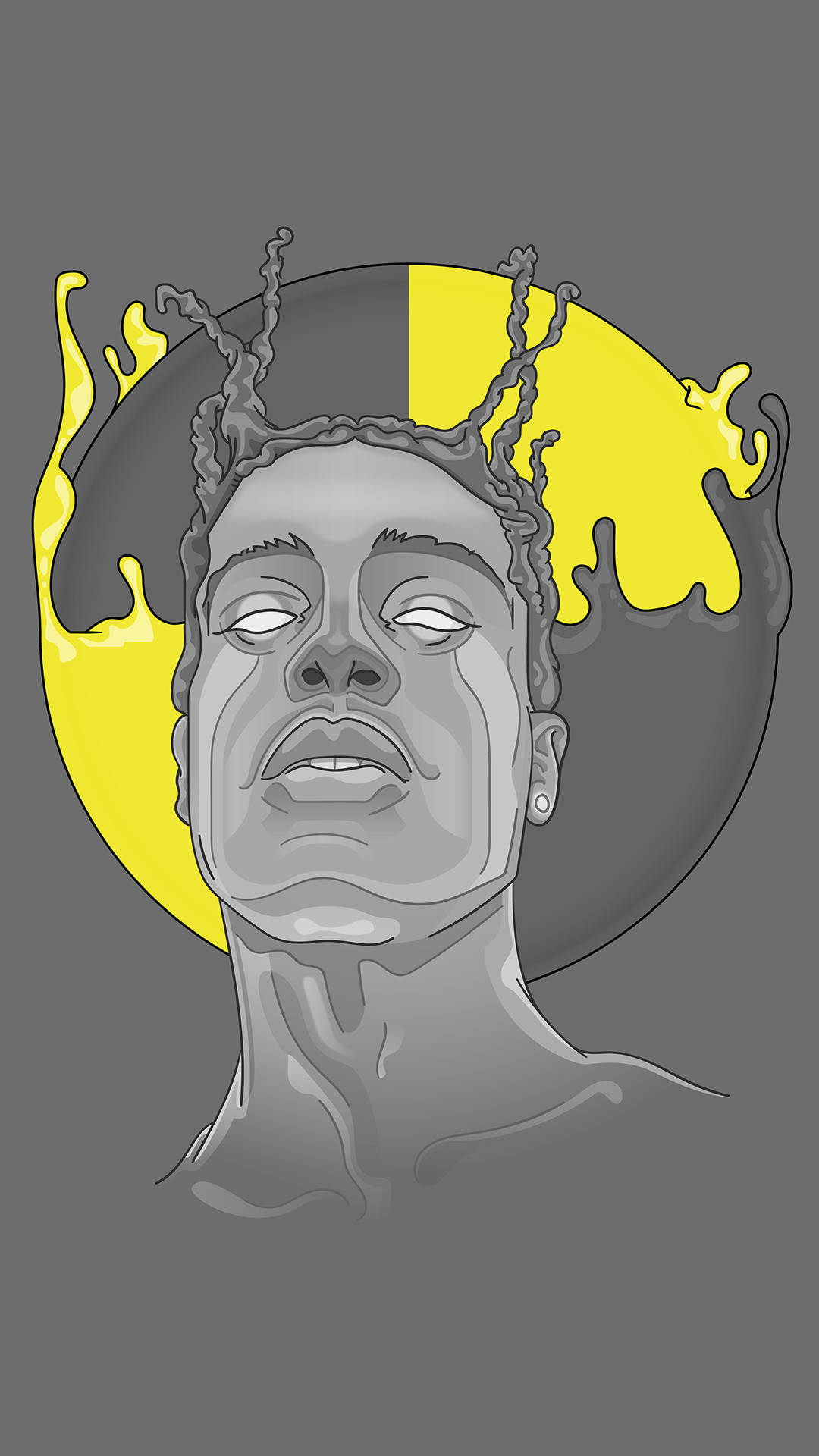 灰色調插圖肖像，閉著眼睛，編著辮子，背景是黃色和灰色的圓形。