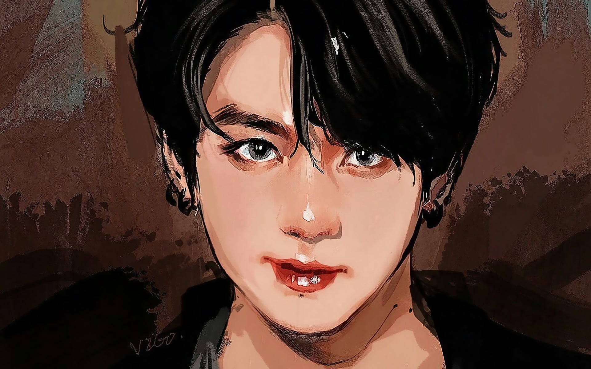 驚艷動漫風 Jungkook 繪畫肖像 壁紙 — 一個年輕黑髮男子嘅特寫數碼肖像，佢有強烈嘅藍色眼睛，背景係有紋理嘅啡色。