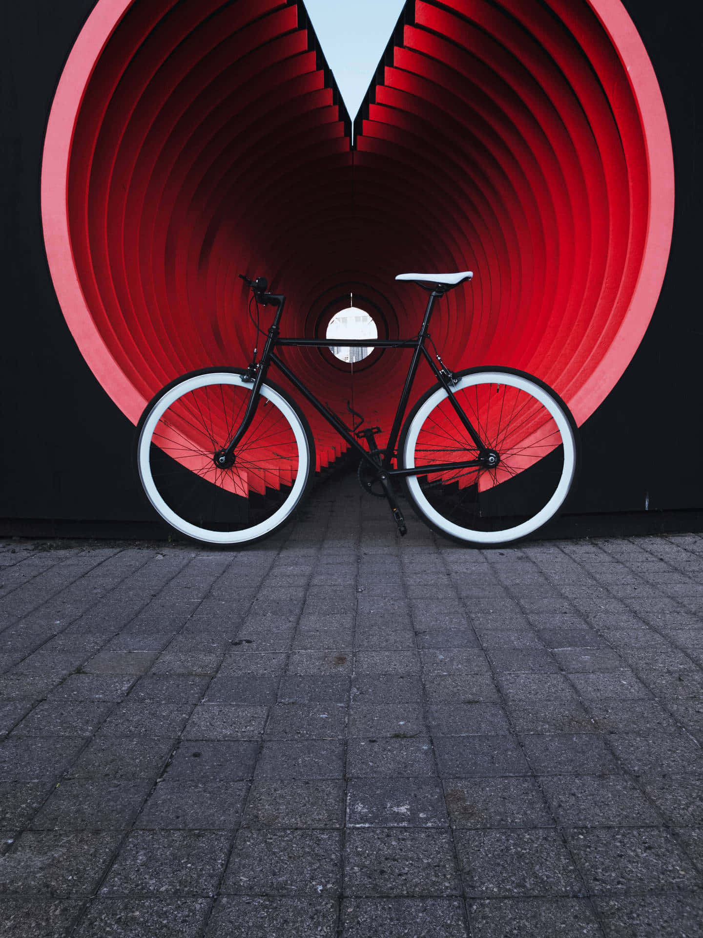 驚艷的Vélo Garé Devant山地車背景 壁紙 — 一輛時尚的黑色自行車配白色車輪，居中立在深色牆壁前一個大膽的紅色螺旋隧道前。