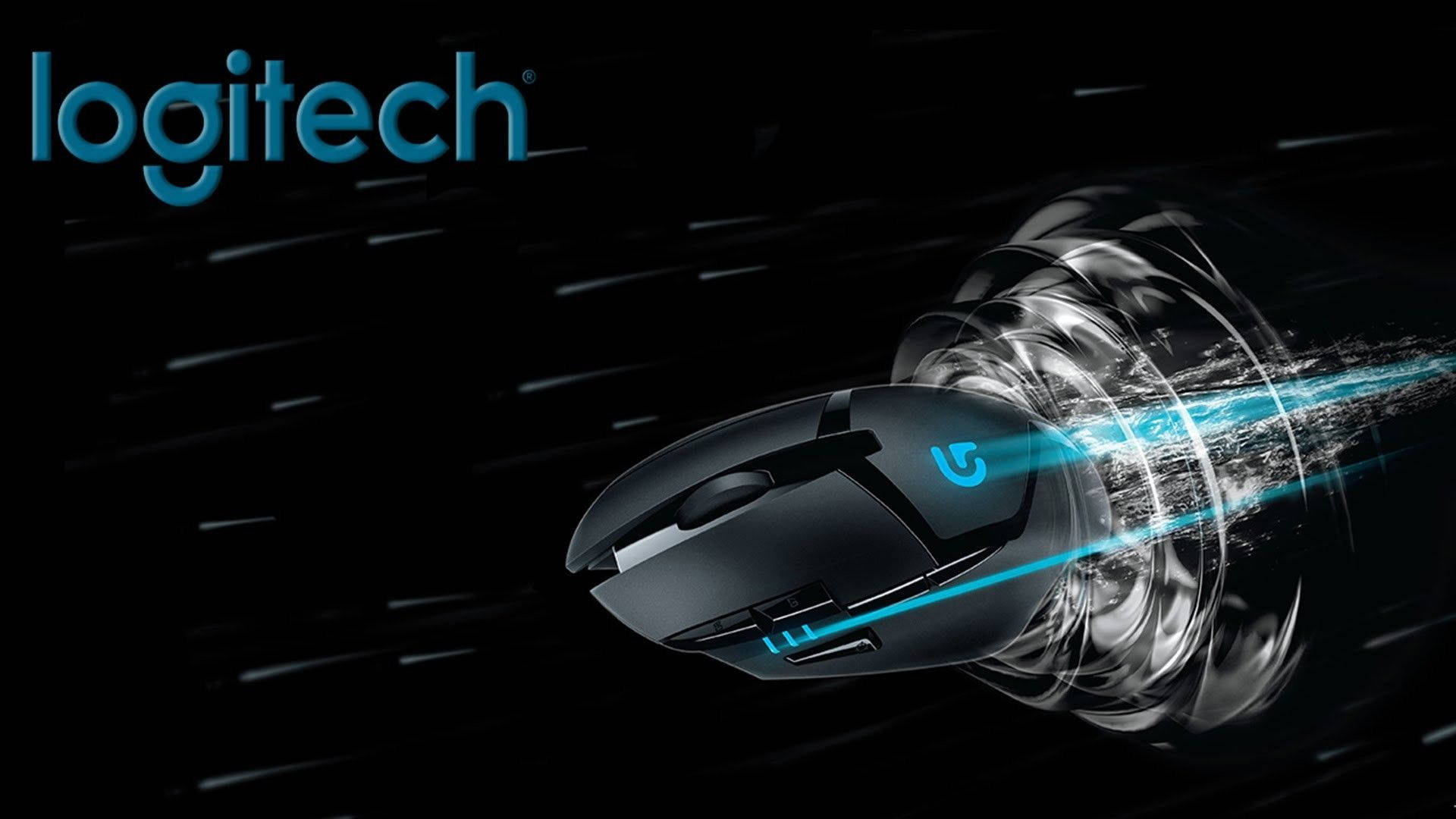 驚艷的羅技滑鼠 壁紙 — 一款時尚的黑色Logitech遊戲滑鼠，帶有發光藍色點綴，在黑暗背景中穿過光隧道高速移動。