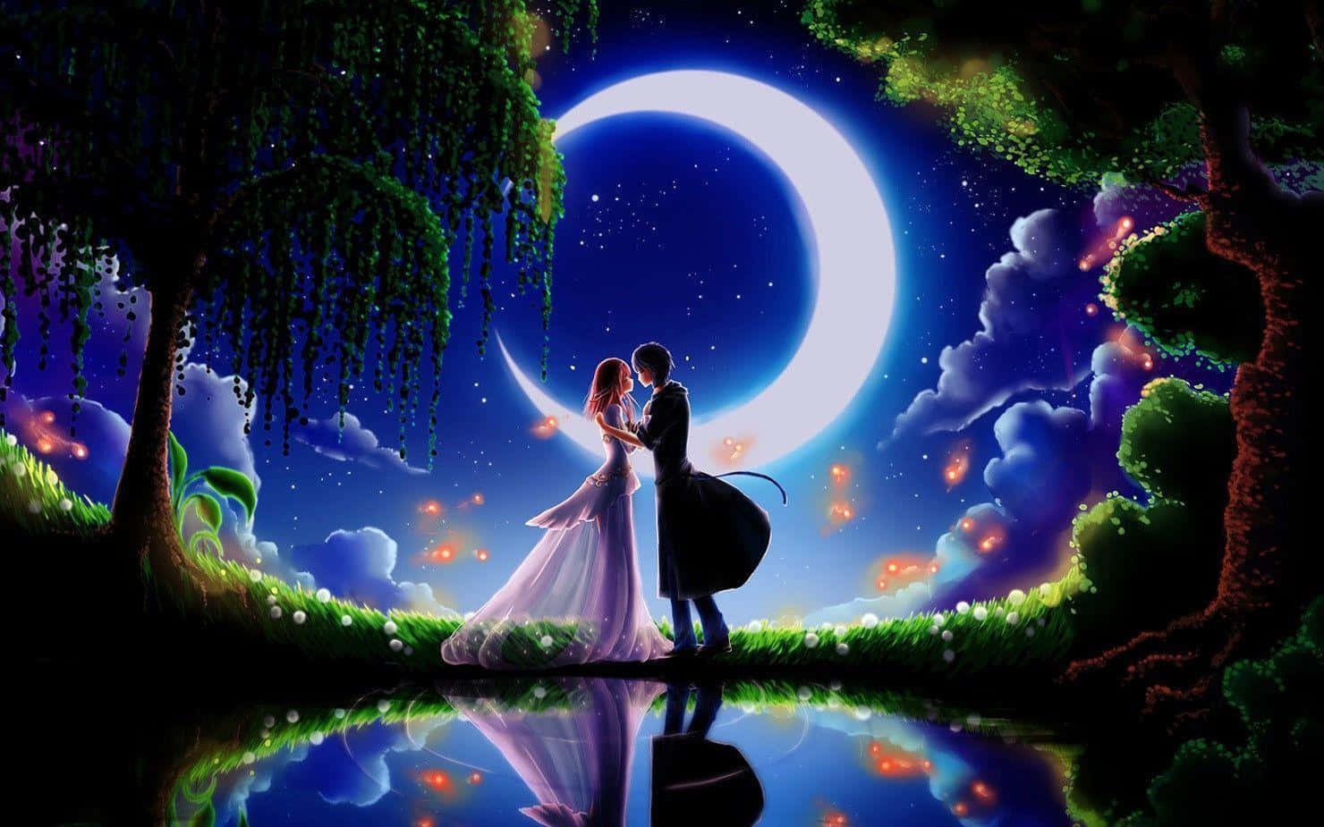 夜晚在魔法森林中，一對情侶在閃爍的月亮下跳舞。