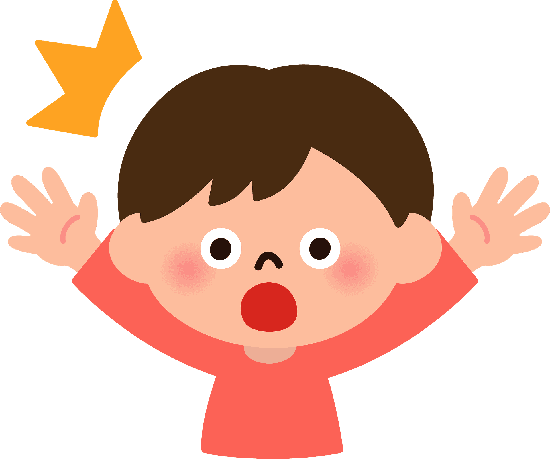 驚訝兒童卡通插畫 壁紙 — 一個卡通小孩，棕色頭髮，紅色襯衫，雙臂舉起，頭頂有一顆黃色星星，表情驚訝。