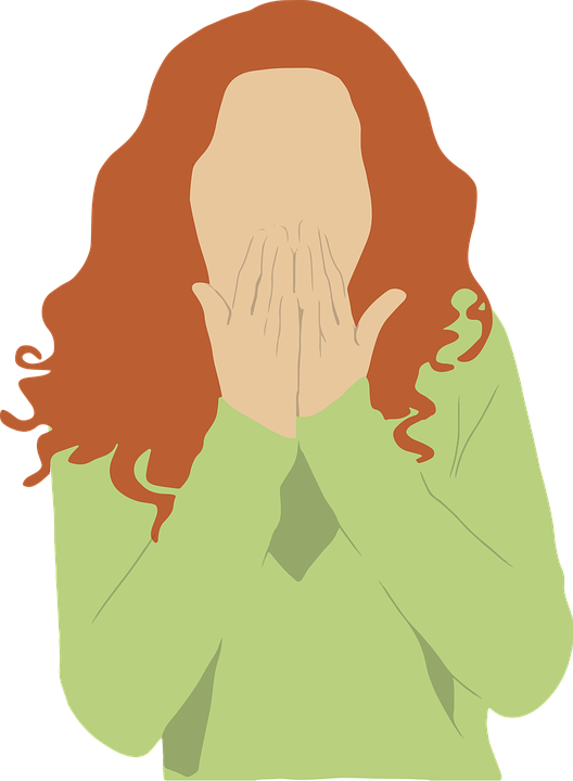 驚訝女子掩口插畫 壁紙 — 一個風格化的人物，紅髮綠衫，雙手掩面，以平面向量插圖呈現。