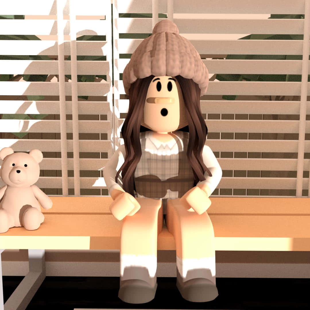 Roblox女仔同啤啤熊坐喺有百葉窗嘅窗邊