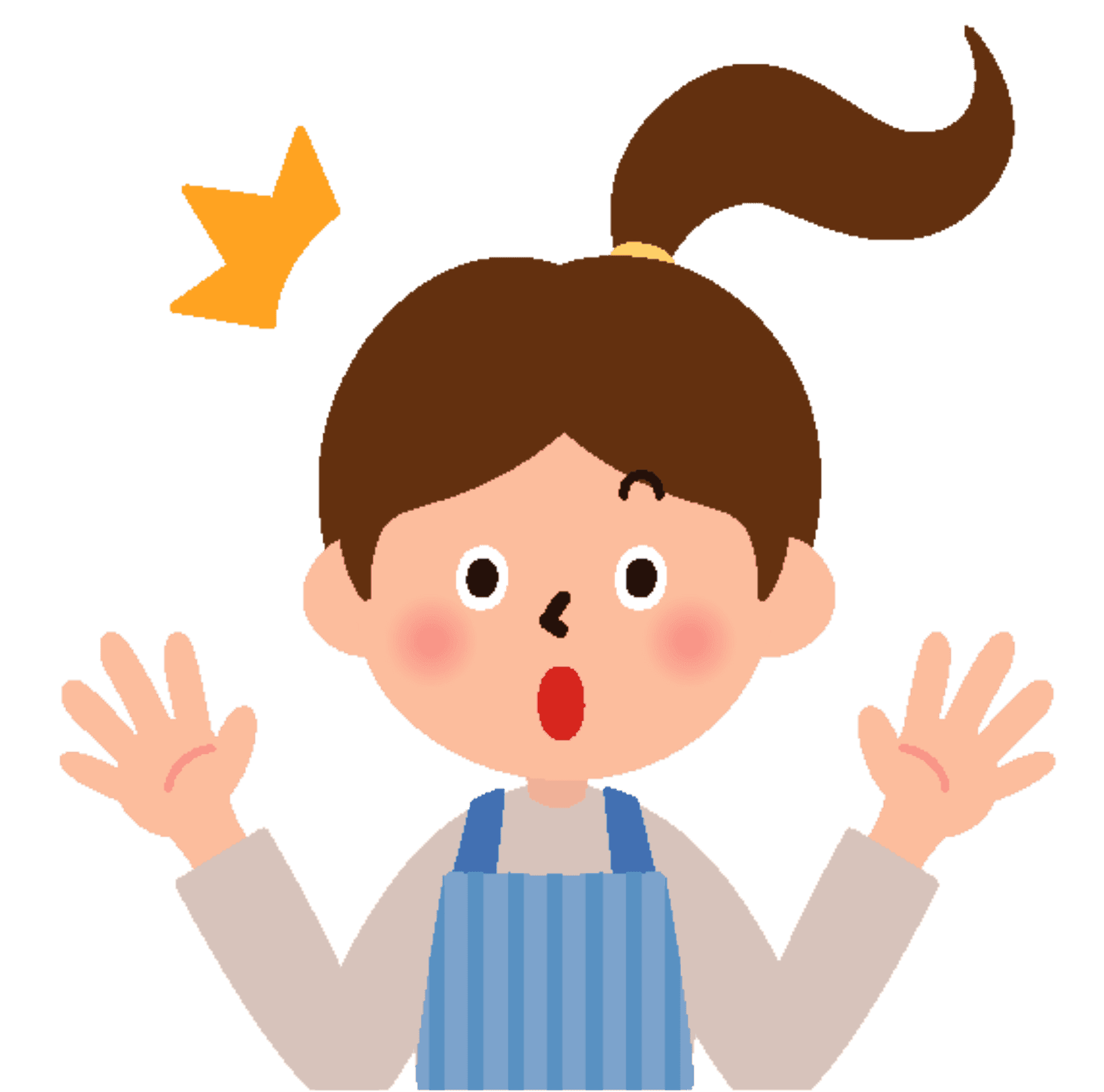 驚訝小女孩卡通 壁紙 — 一個棕色馬尾辮、穿著藍色圍裙的卡通女孩，雙手舉起，頭頂有一顆黃色星星，看起來很驚訝。