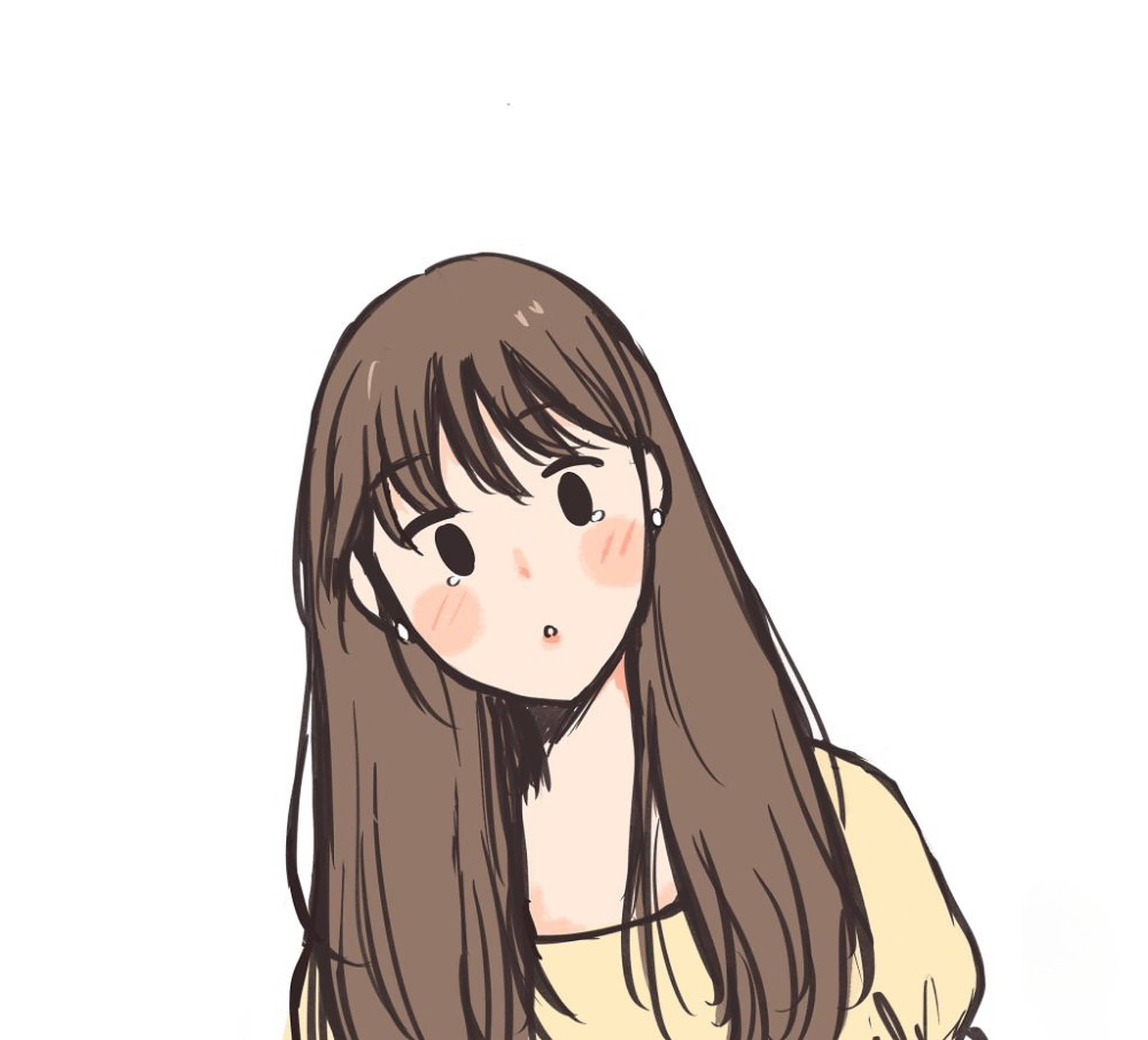 驚訝少女頭像 壁紙 — 長棕髮、臉頰紅潤的動漫女孩，在純白背景前低頭露出溫柔的表情。