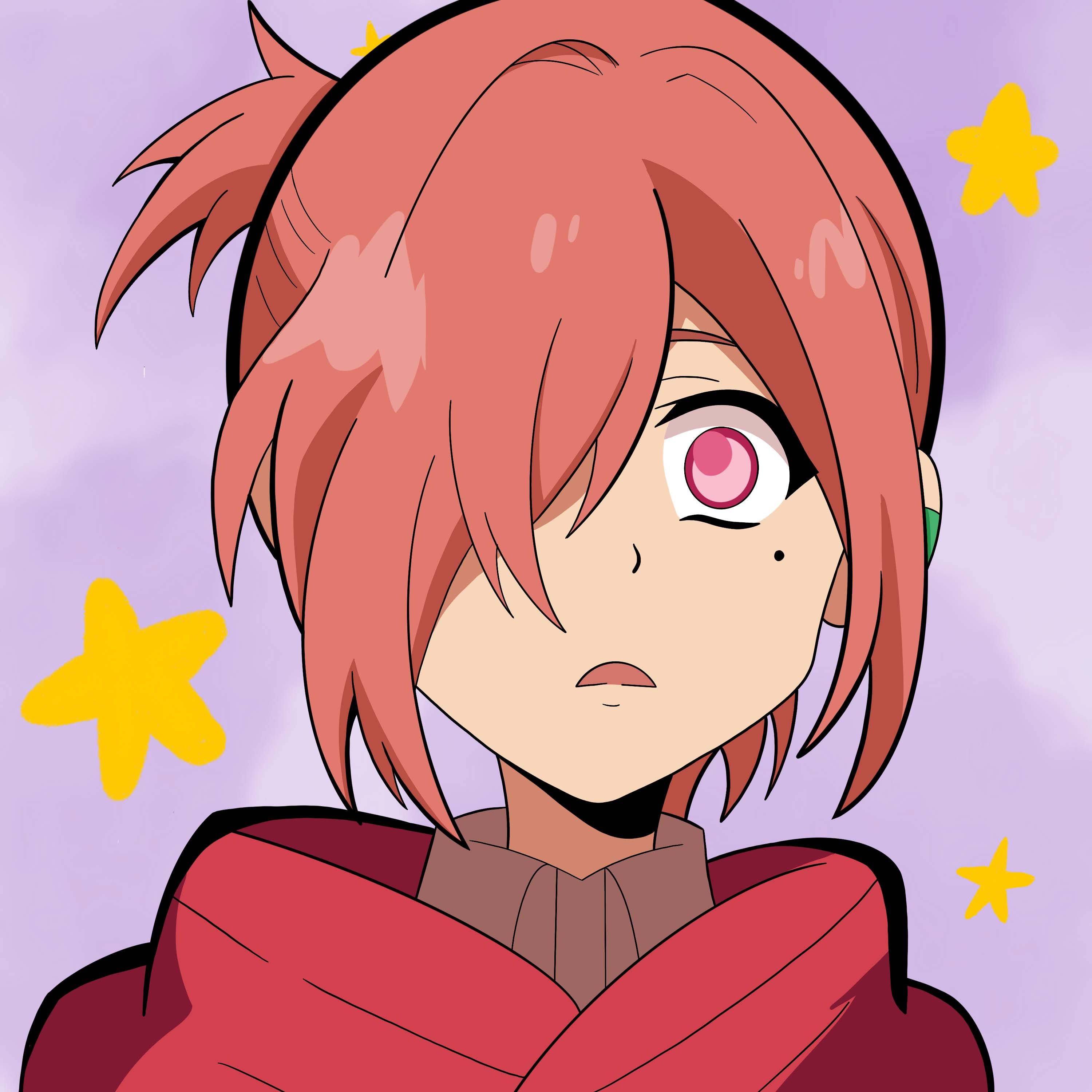 驚訝的三葉 Sousuke 壁紙 — 一個粉紅色頭髮的動漫角色，有一隻可見的粉紅色眼睛，周圍有黃色星星漂浮在紫色背景上。